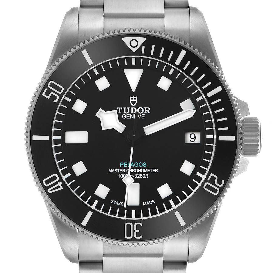 The image shows a frontal view of the Tudor Pelagos 2543C Men's Titanium Black Dial watch, highlighting its dial, bezel, and crown.