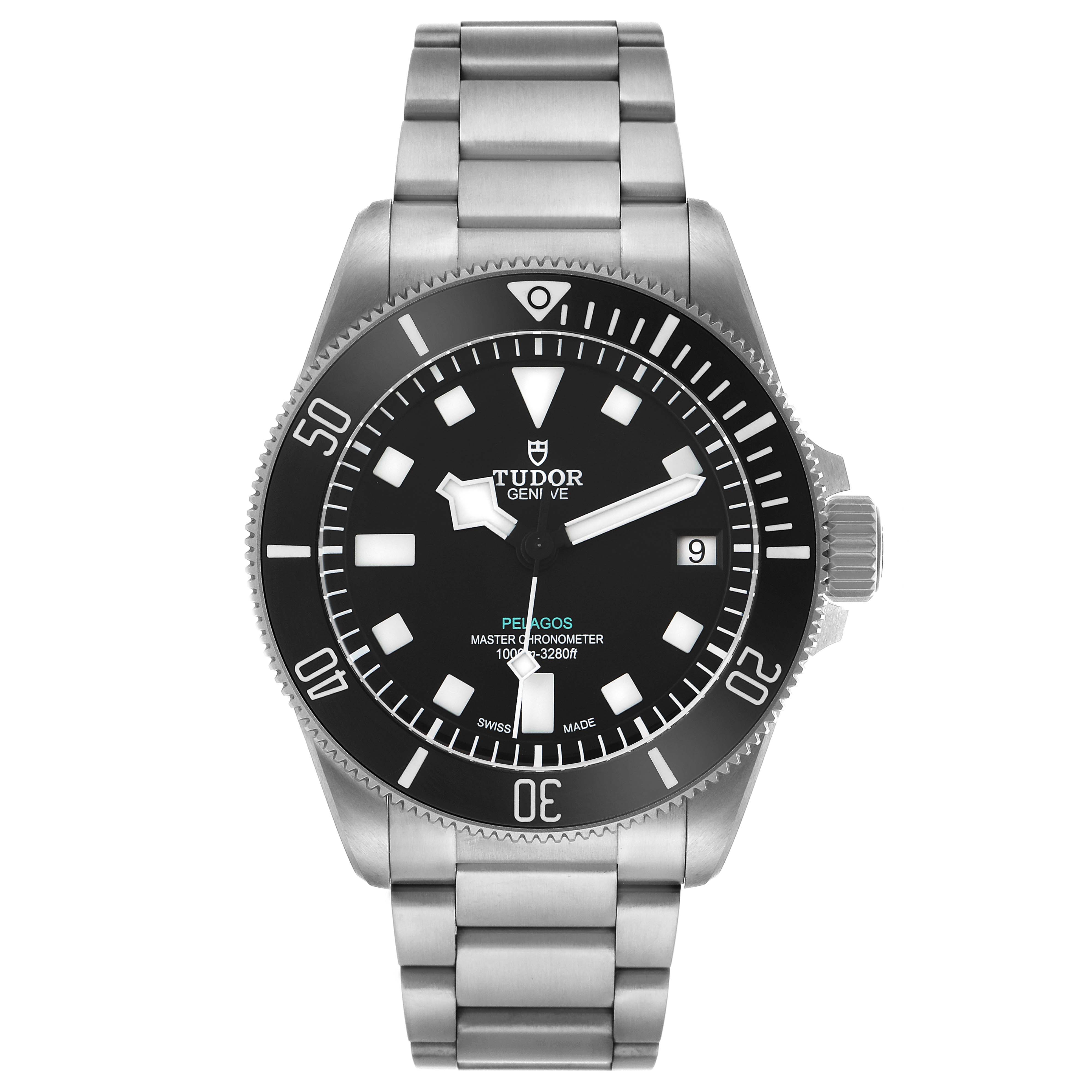 This image shows a front view of the Tudor Pelagos 2543C Men's Titanium Black Dial watch, highlighting the dial, bezel, crown, and bracelet.