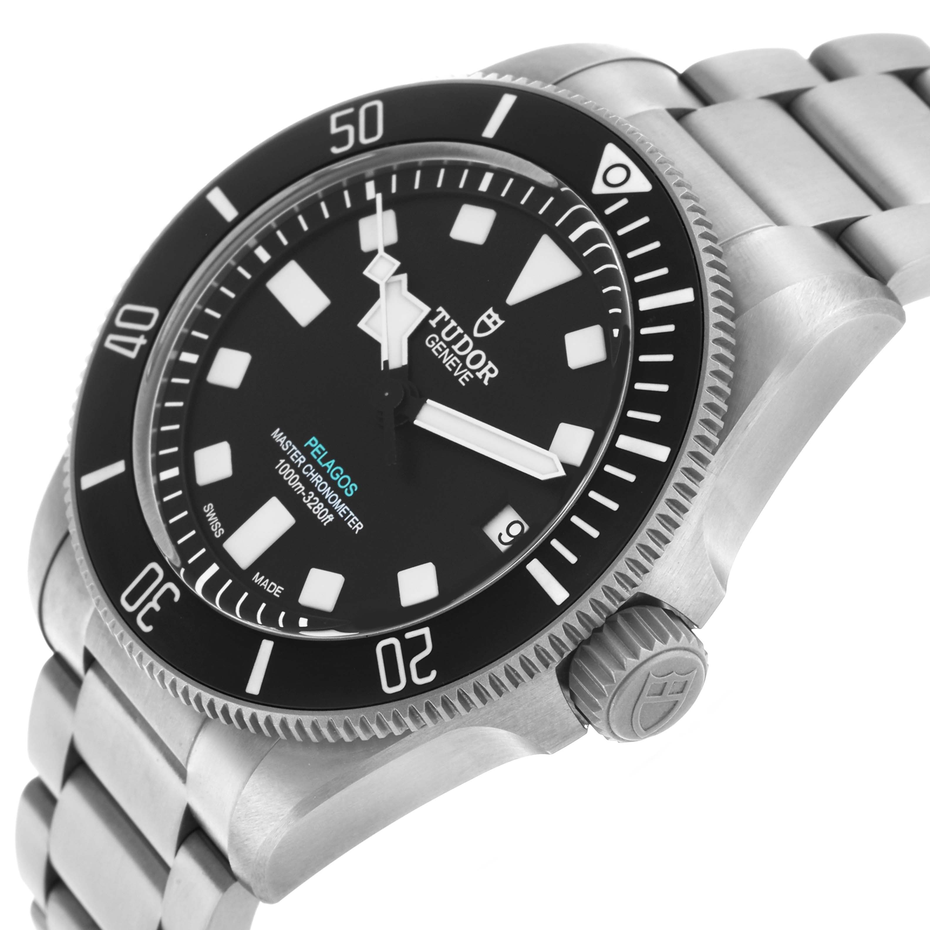 The Tudor Pelagos 2543C Men's Titanium Black Dial watch is shown from a three-quarter angle, displaying the dial, bezel, bracelet, and crown.