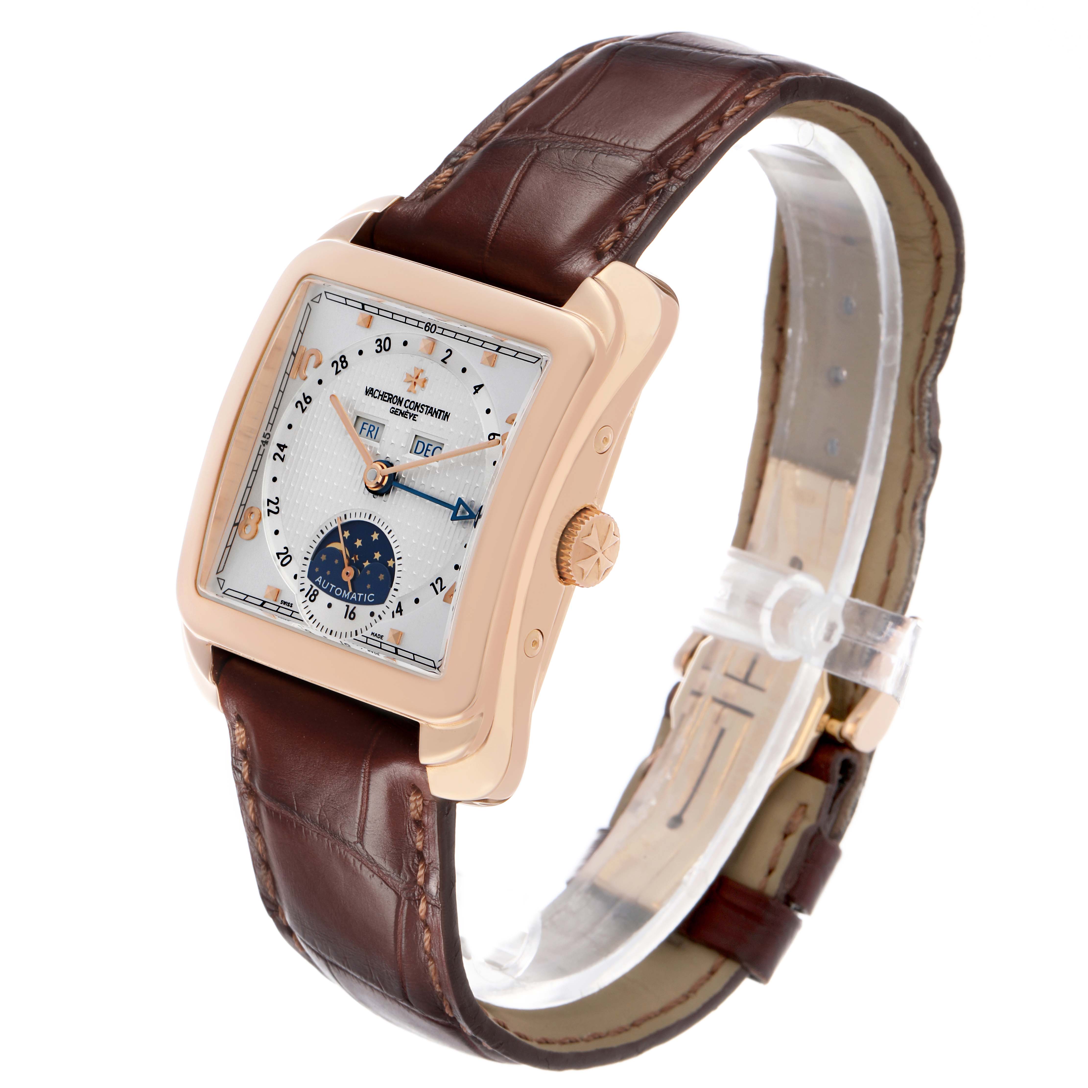 The Vacheron Constantin Historiques 47300/000R Men's Rose Gold Silver Dial model is shown at a three-quarter angle, displaying the face, case, crown, and strap.