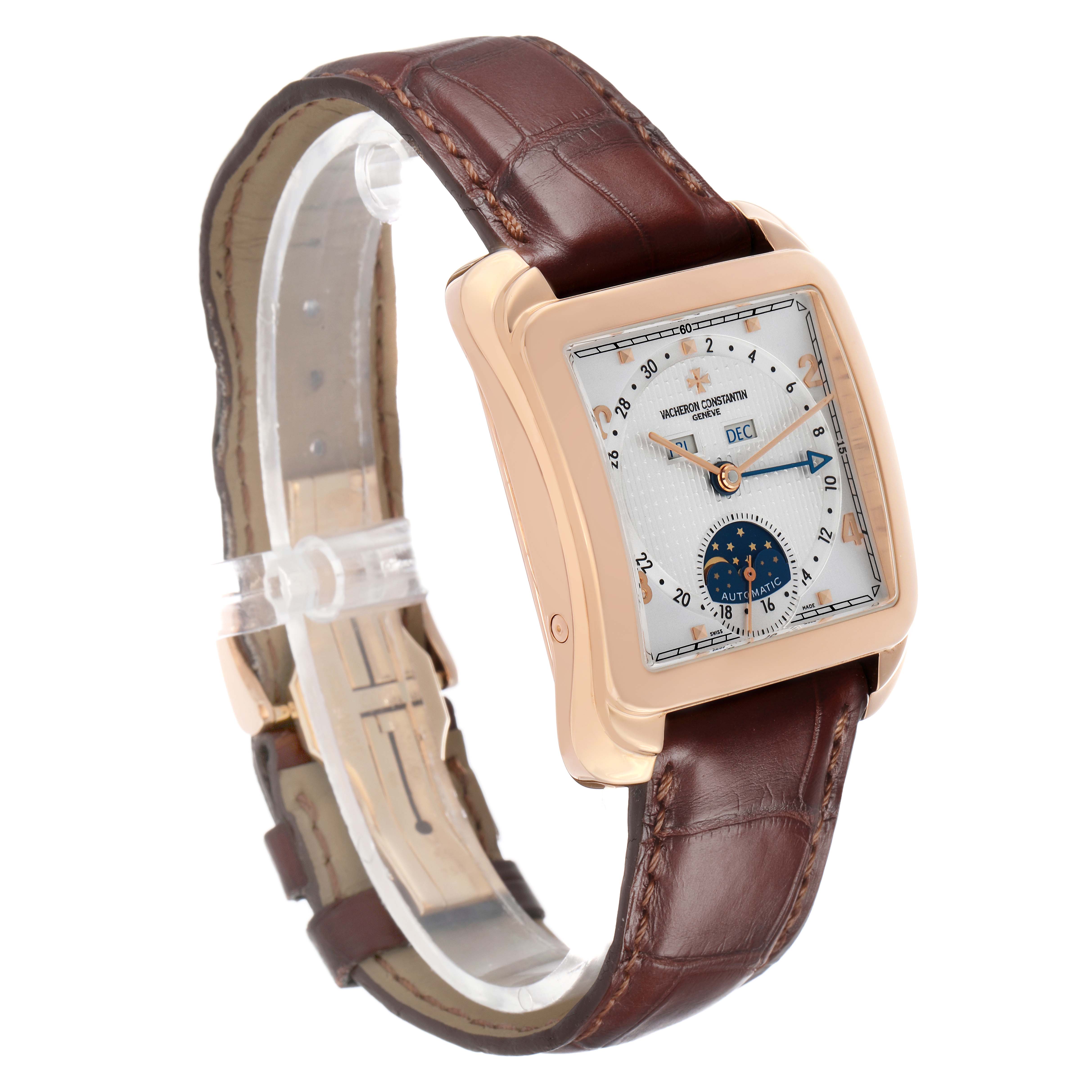 The Vacheron Constantin Historiques 47300/000R Men's Rose Gold Silver Dial model is shown at a three-quarter angle, highlighting its rectangular case, dial, and brown leather strap.