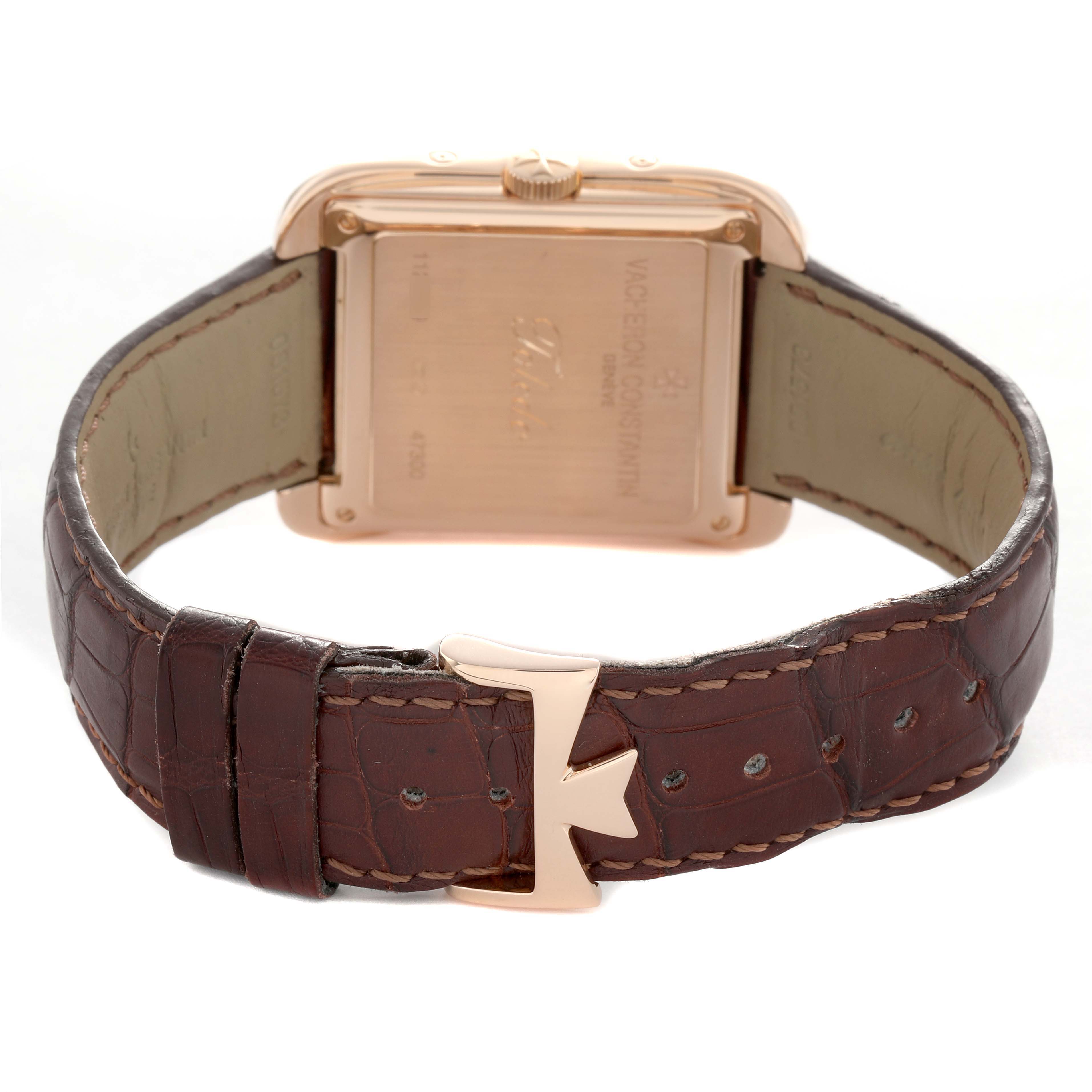 The image shows the back of a Vacheron Constantin Historiques 47300/000R Men's Rose Gold Silver Dial watch, highlighting the case back, crown, and leather strap with clasp.