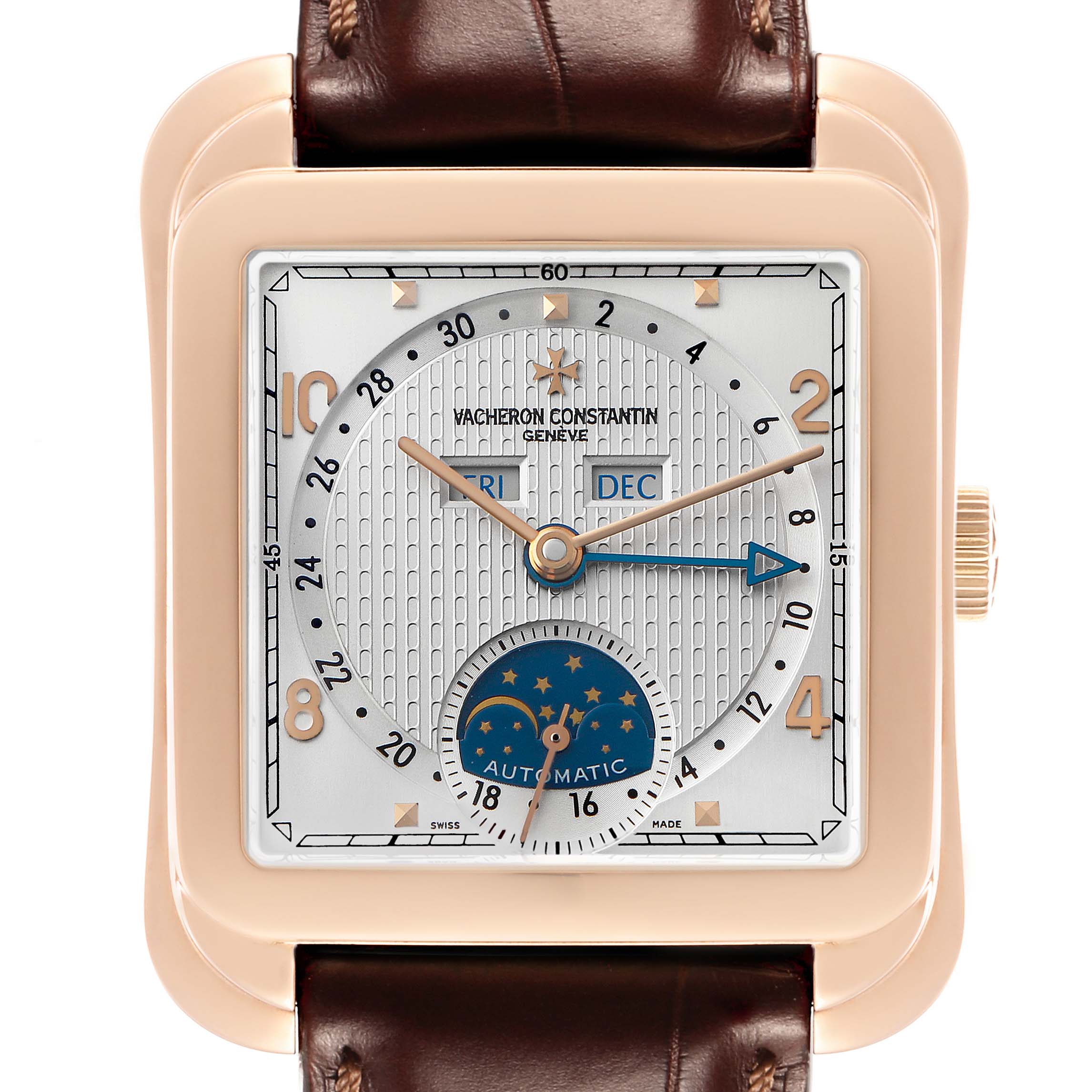 The Vacheron Constantin Historiques 47300/000R Men's Rose Gold Silver Dial watch is shown front-on, displaying the dial, case, crown, and part of the strap.