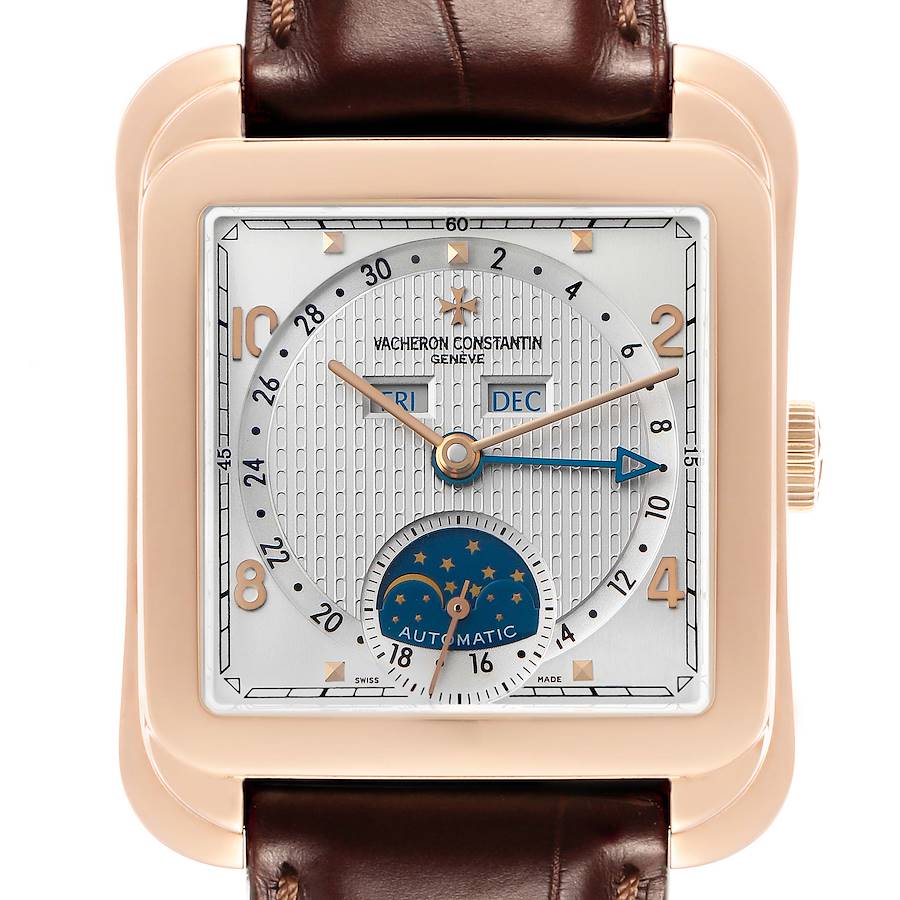 The Vacheron Constantin Historiques 47300/000R Men's Rose Gold Silver Dial watch is shown front-on, displaying the dial, case, crown, and part of the strap.