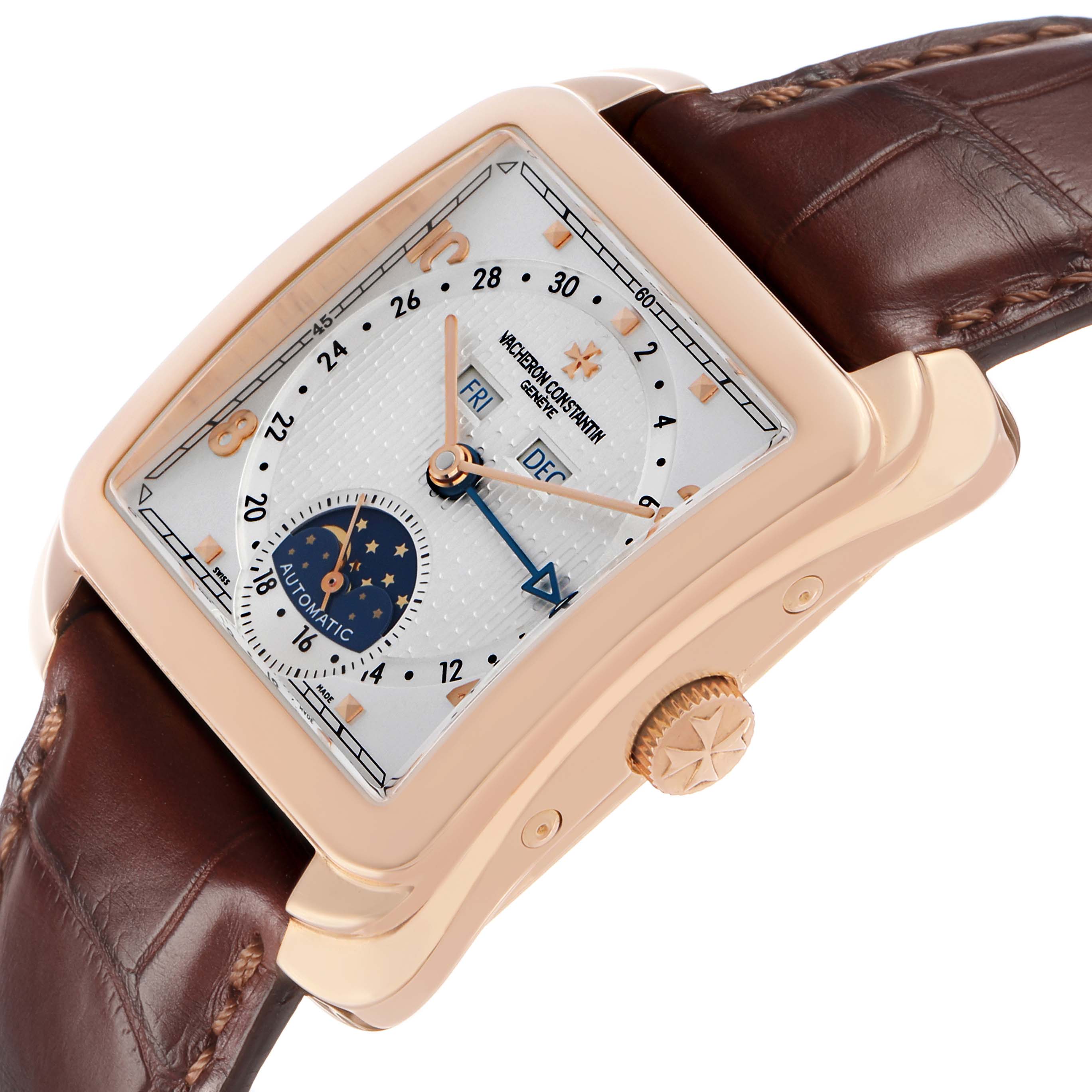 The Vacheron Constantin Historiques 47300/000R Men's Rose Gold Silver Dial watch is shown at an angle, displaying the face, crown, and part of the strap.
