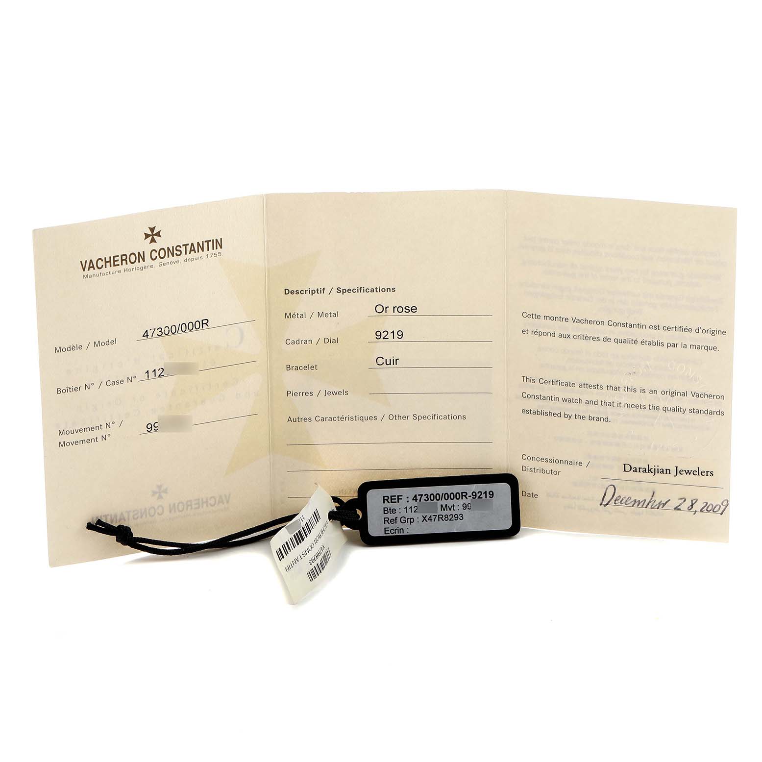 The image shows the warranty certificate and tag for a Vacheron Constantin Historiques 47300/000R Men's Rose Gold Silver Dial model, with details and a sale date.