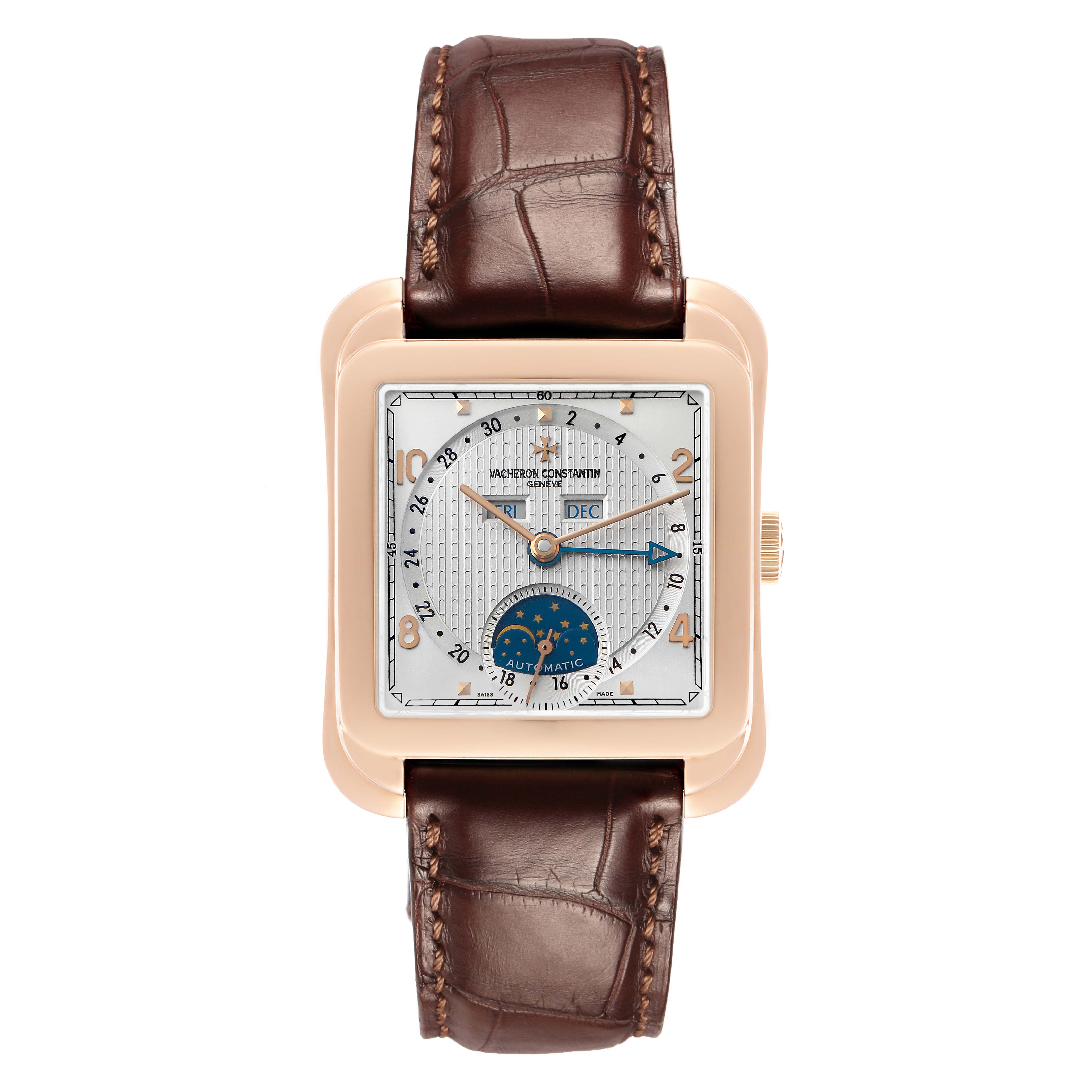 The Vacheron Constantin Historiques 47300/000R Men's Rose Gold Silver Dial watch is shown from the front, displaying the dial, hands, date, and moon phase indicators.