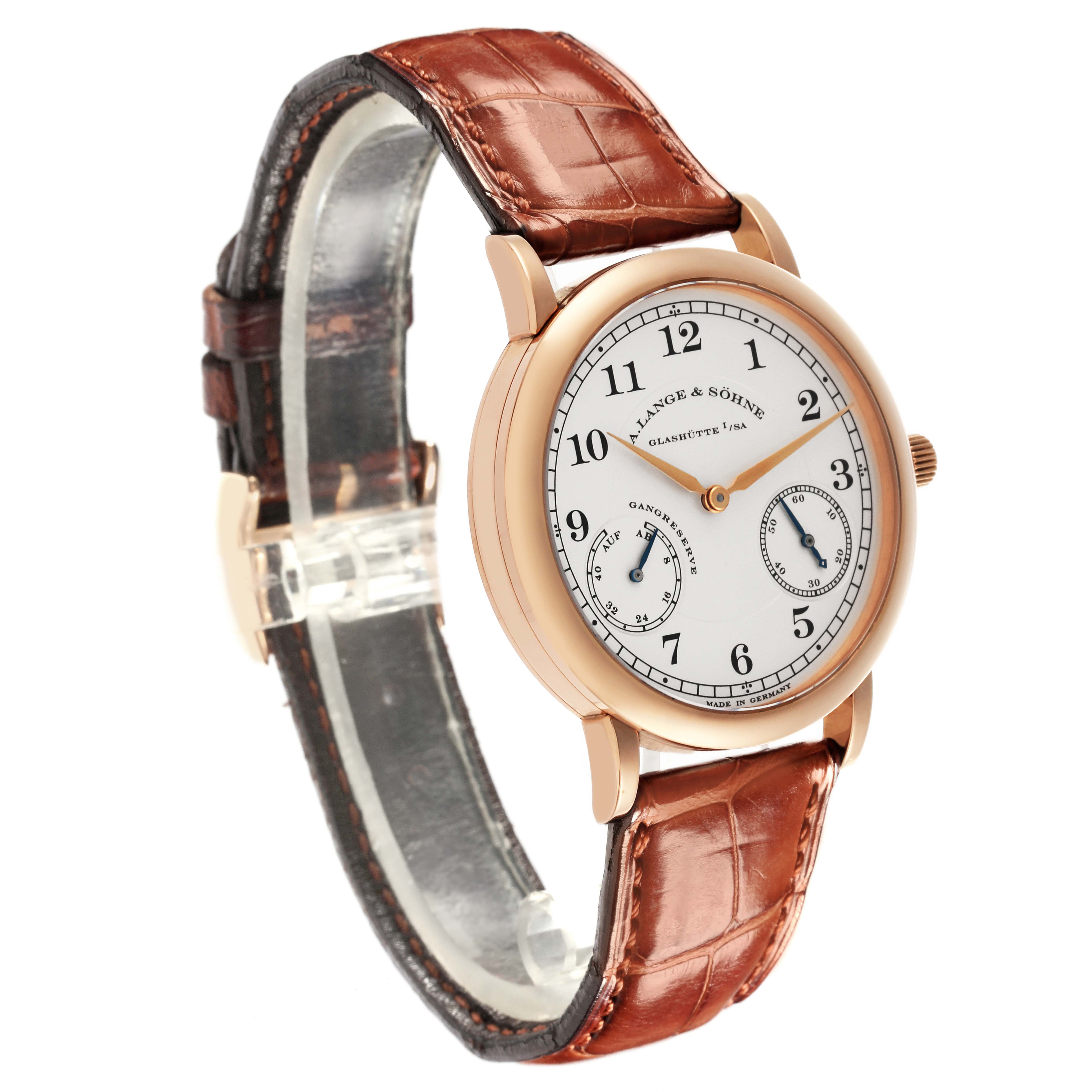 The A. Lange 
Sohne 1815 221.032 / LSLS2214AD Men
s Rose Gold Silver Dial watch is shown at a slight angle, displaying its face, case, crown, and leather strap clearly.