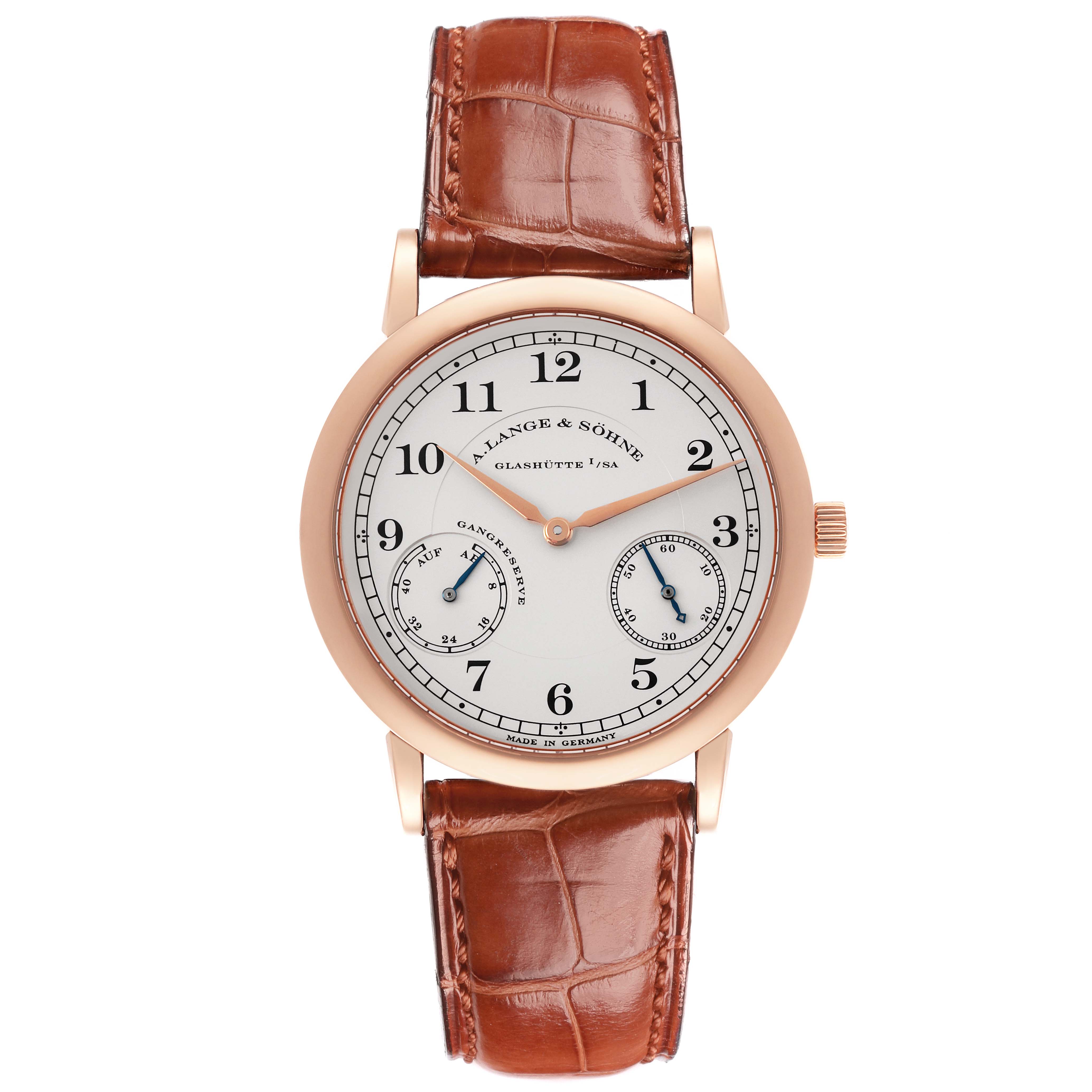 The A. Lange 
Sohne 1815 221.032 / LSLS2214AD Men
s Rose Gold Silver Dial watch is shown from the front, displaying the dial, case, and leather strap.