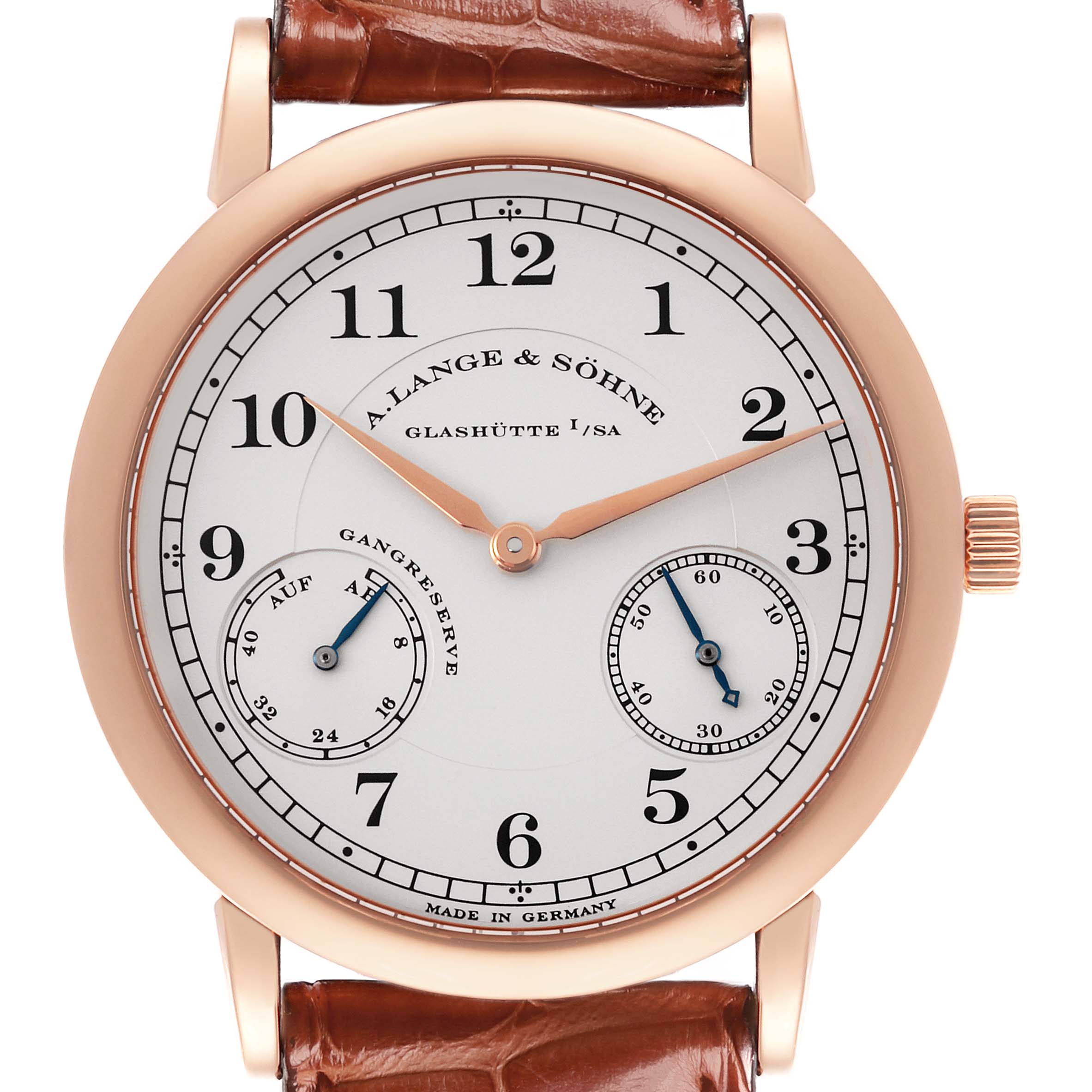 The image shows a front view of the A. Lange 
Sohne 1815 221.032 / LSLS2214AD Men
s Rose Gold Silver Dial watch, displaying the dial, hands, subdials, and leather strap.