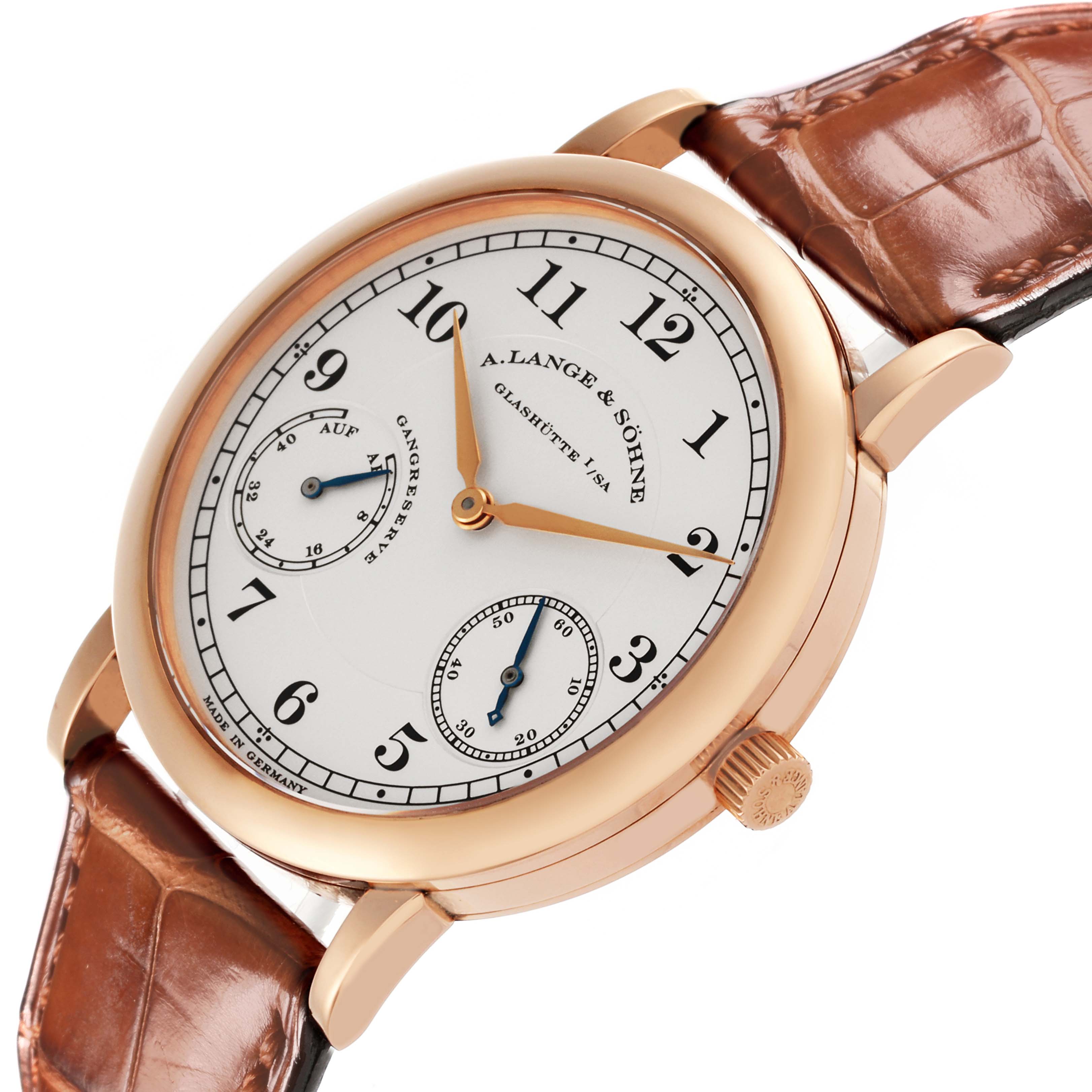 The A. Lange 
Sohne 1815 221.032 / LSLS2214AD Men
s Rose Gold Silver Dial watch is shown at a slight side angle, highlighting the dial, hands, subdials, crown, and leather strap.