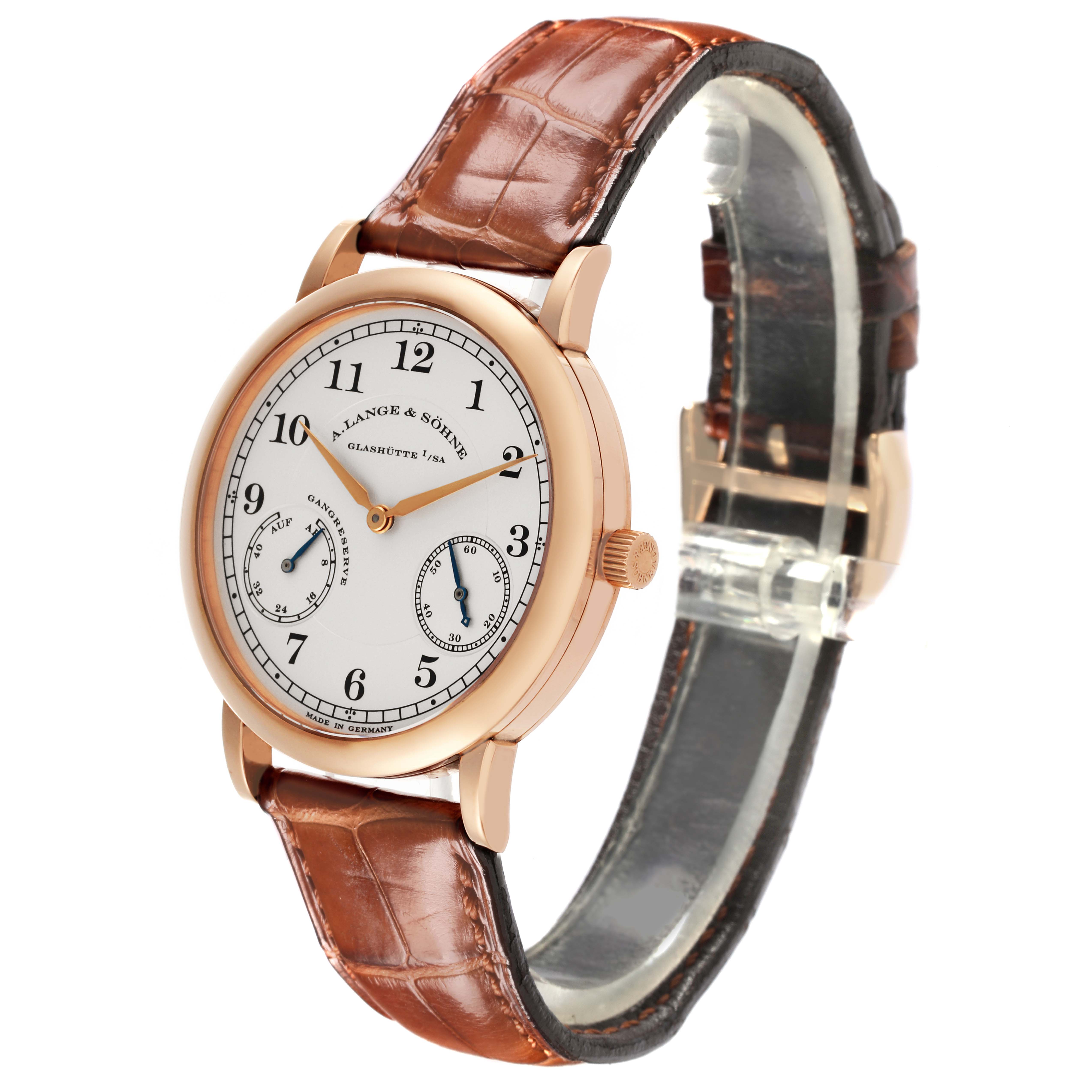 The A. Lange 
Sohne 1815 221.032 / LSLS2214AD Men
s Rose Gold Silver Dial watch is shown at a slight angle, highlighting the dial, crown, and brown leather strap.