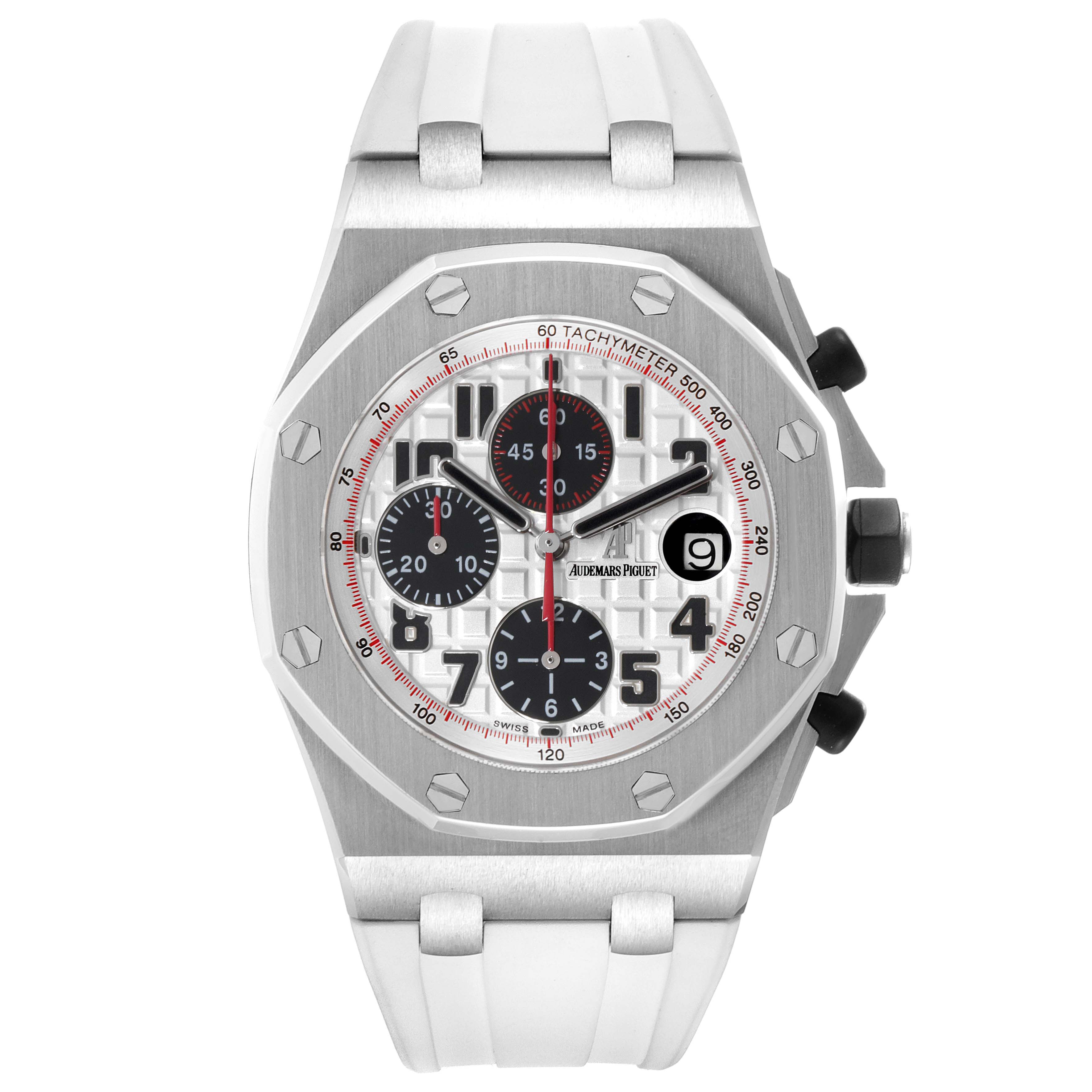 The image shows a front view of an Audemars Piguet Royal Oak Offshore 26170ST.OO.D101CR.02 Men's Stainless Steel White Dial 26170ST.OO.D101CR.02 Men's Stainless Steel White Dial watch with a white strap and a multi-dial face.
