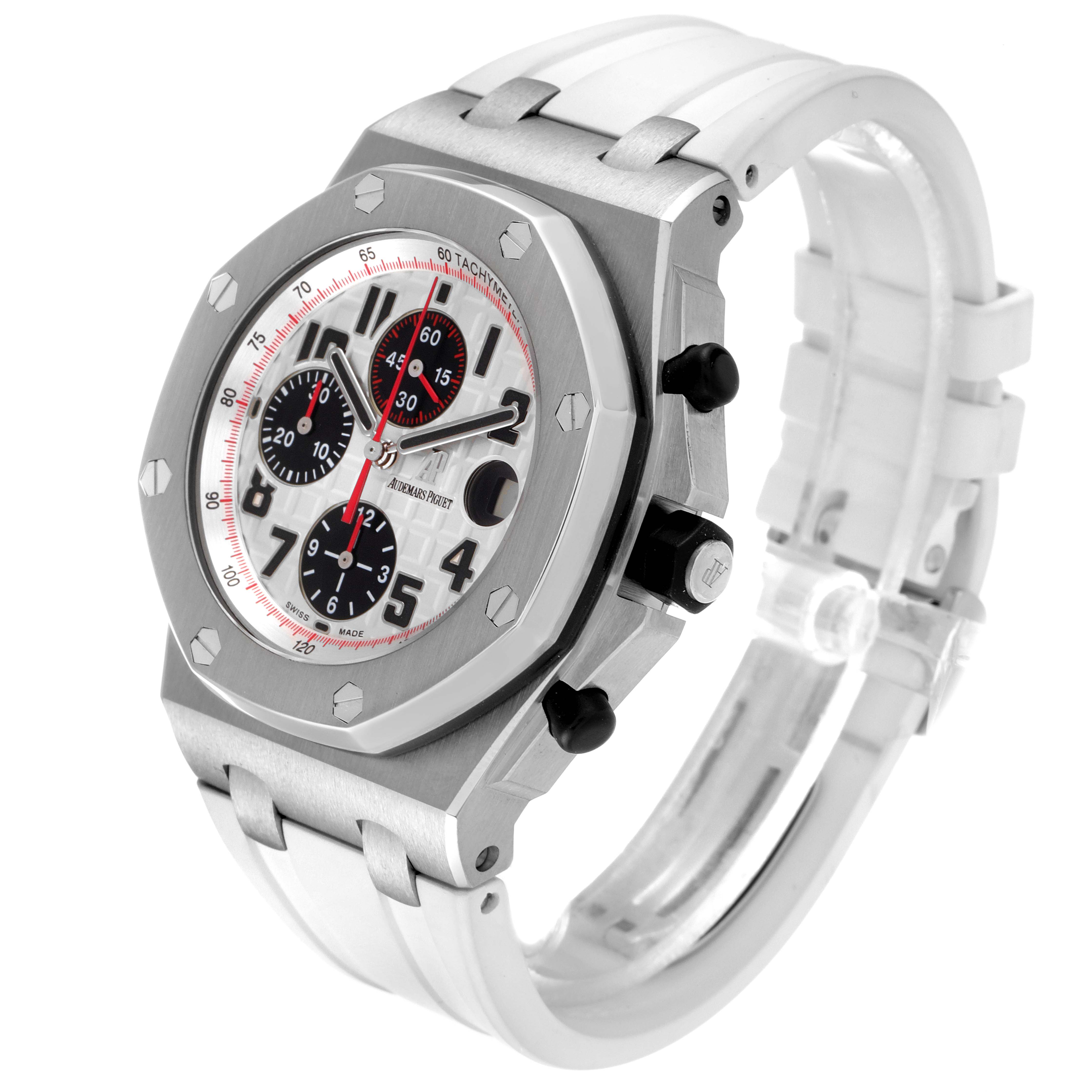 The Audemars Piguet Royal Oak Offshore 26170ST.OO.D101CR.02 Men's Stainless Steel White Dial 26170ST.OO.D101CR.02 Men's Stainless Steel White Dial model is shown from a three-quarter angle displaying the face, crown, pushers, and part of the strap.