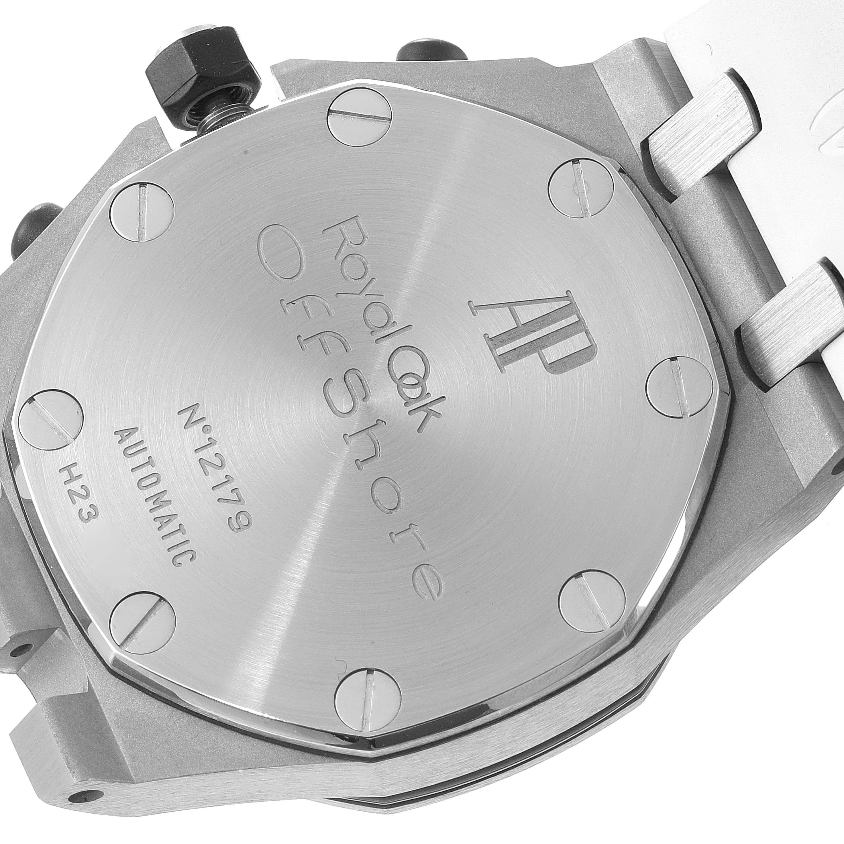 The image shows the back case and part of the bracelet of an Audemars Piguet Royal Oak Offshore 26170ST.OO.D101CR.02 Men's Stainless Steel White Dial 26170ST.OO.D101CR.02 Men's Stainless Steel White Dial watch.
