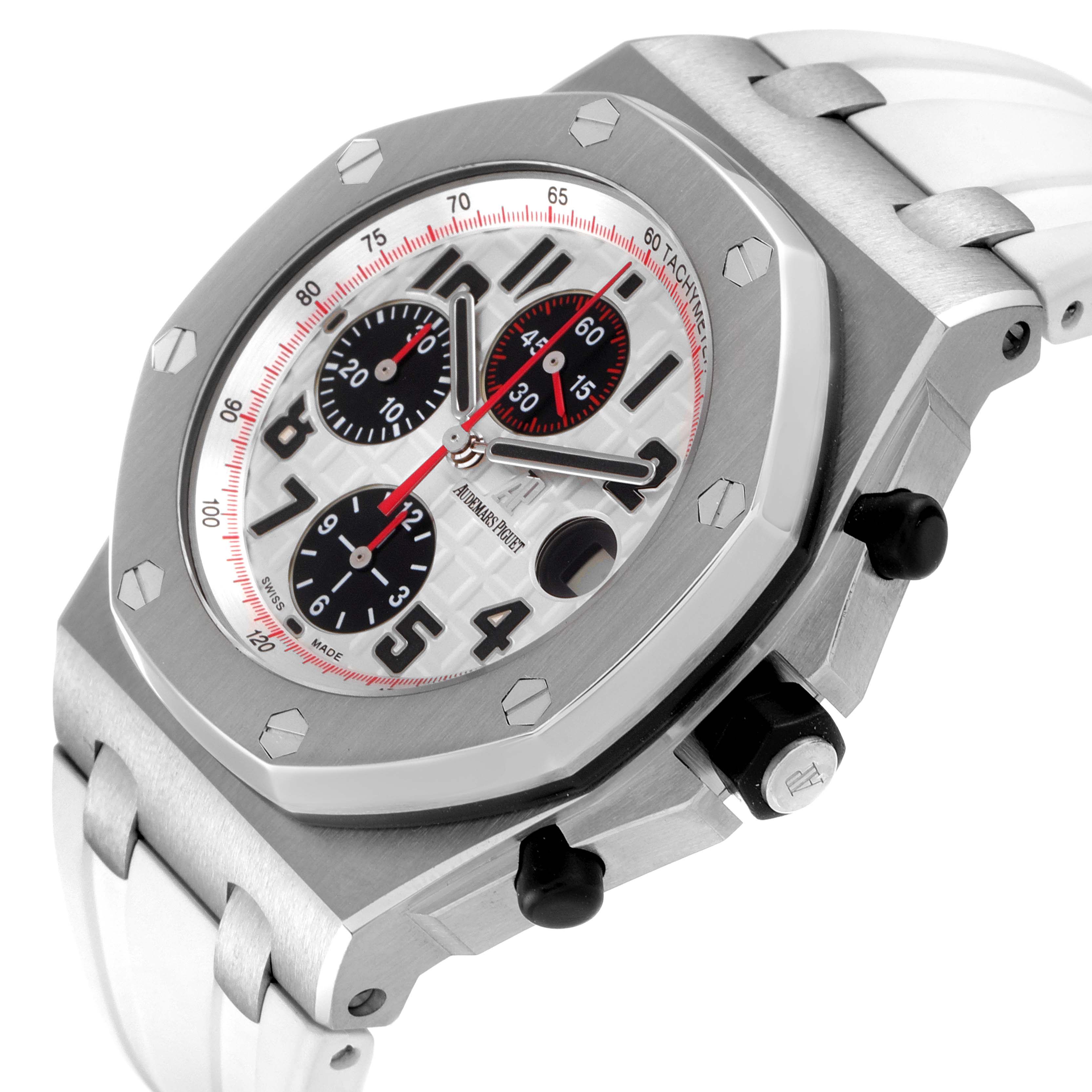 This image shows a close-up angle of the face, bezel, and part of the strap of the Audemars Piguet Royal Oak Offshore 26170ST.OO.D101CR.02 Men's Stainless Steel White Dial 26170ST.OO.D101CR.02 Men's Stainless Steel White Dial model.