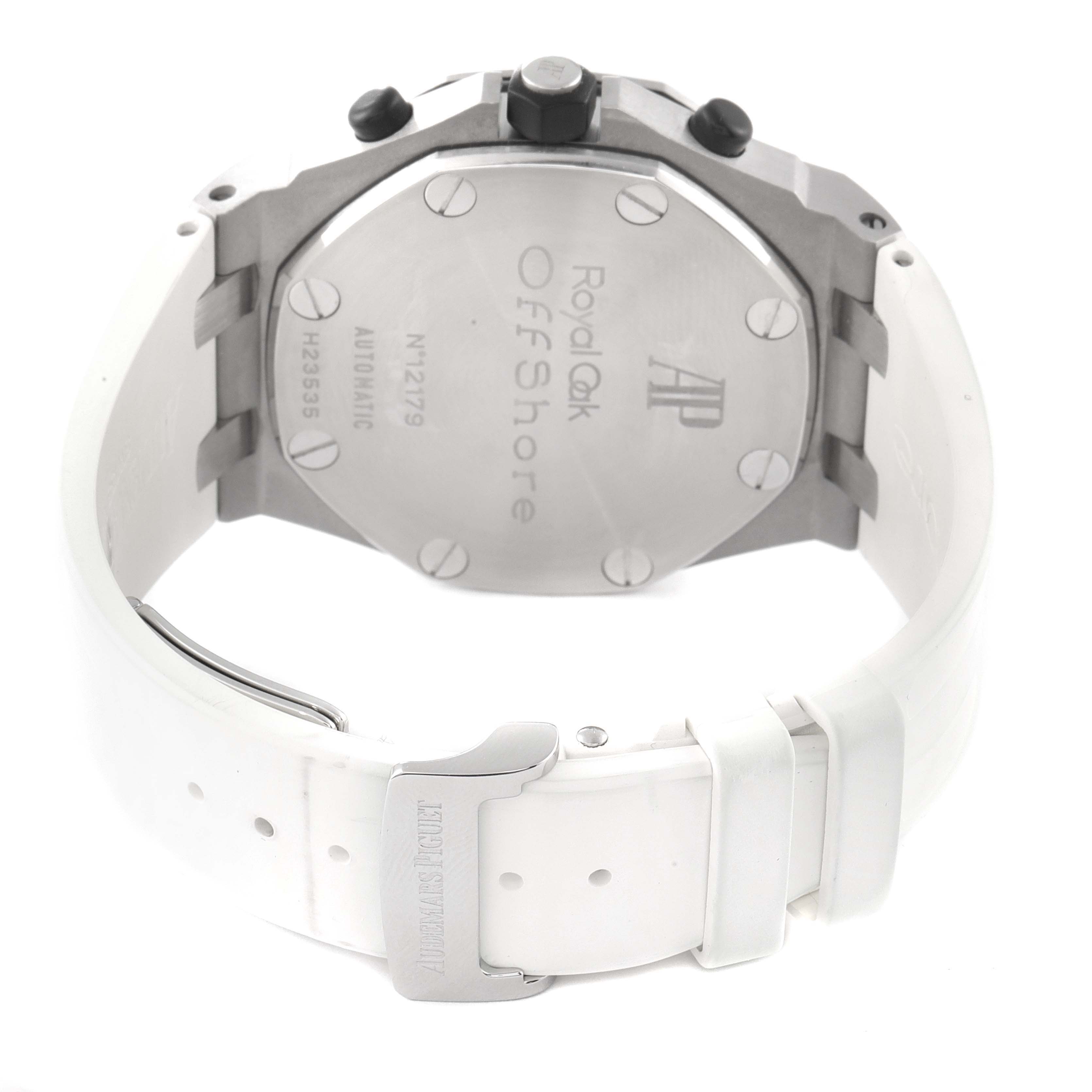 The image shows the case back and strap of a Royal Oak Offshore model by Audemars Piguet from a rear angle.