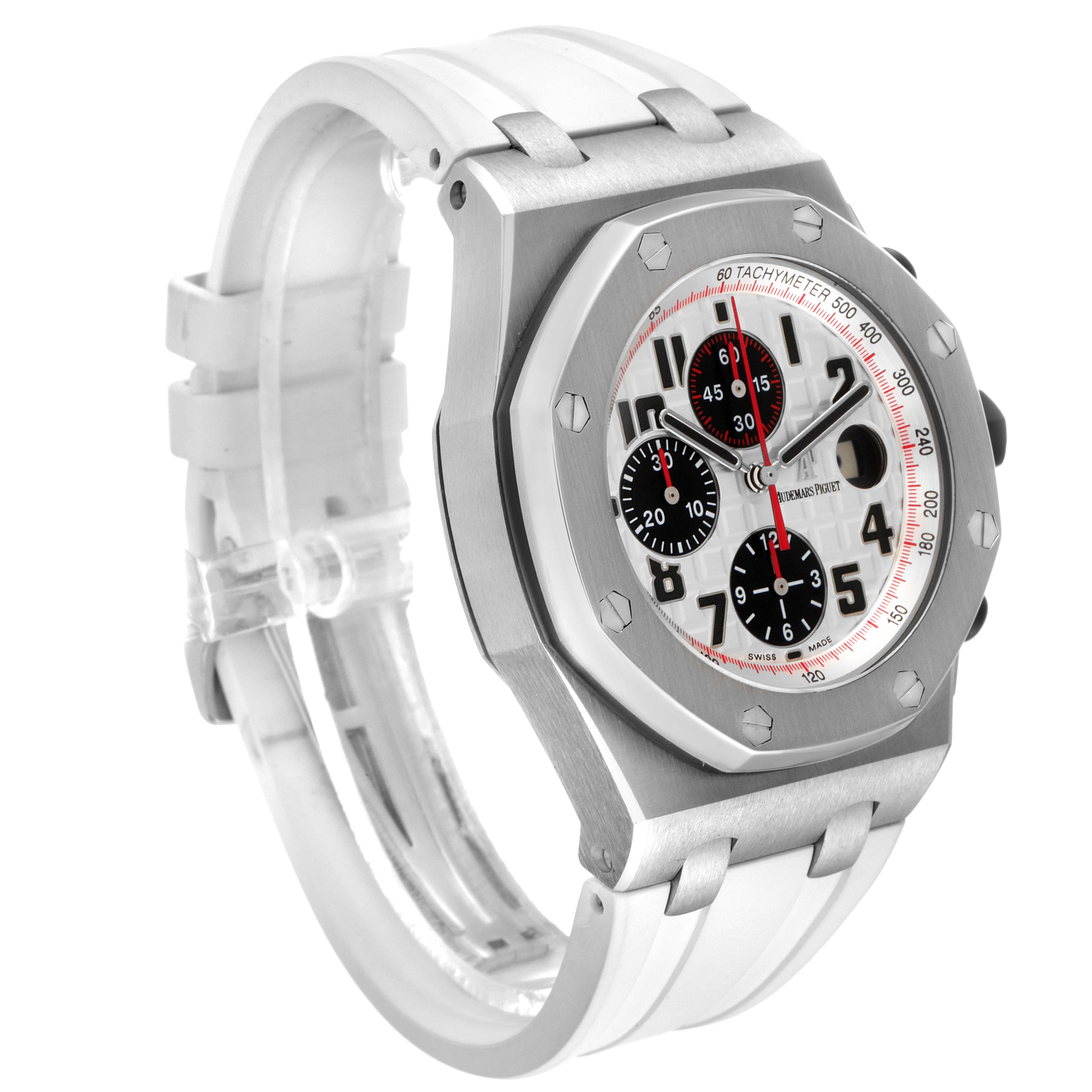 The Royal Oak Offshore by Audemars Piguet is shown at a three-quarter angle highlighting the dial, bezel, and part of the strap.