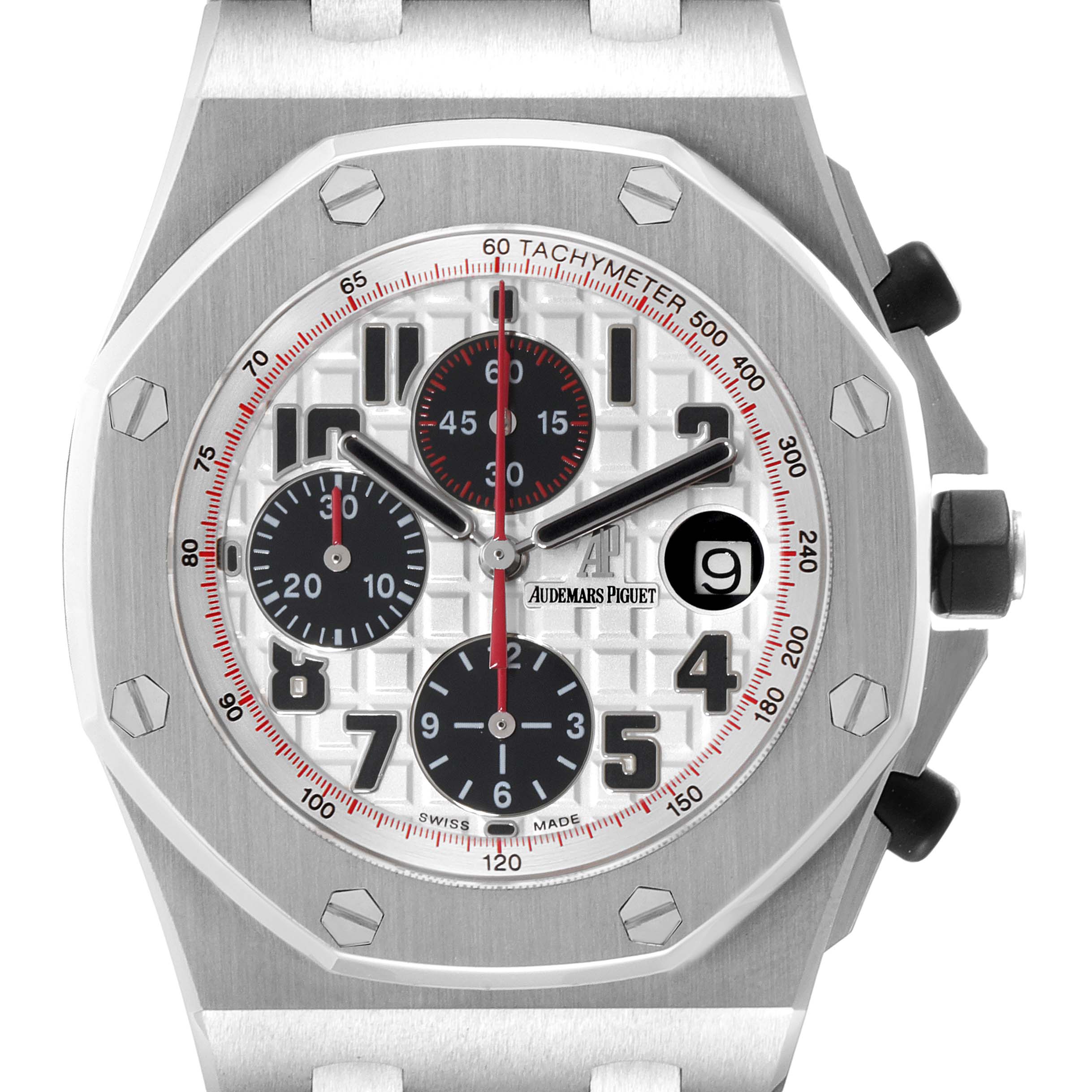 The image shows a frontal view of the Audemars Piguet Royal Oak Offshore 26170ST.OO.D101CR.02 Men's Stainless Steel White Dial 26170ST.OO.D101CR.02 Men's Stainless Steel White Dial watch, highlighting the dial, tachymeter, and chronograph subdials.