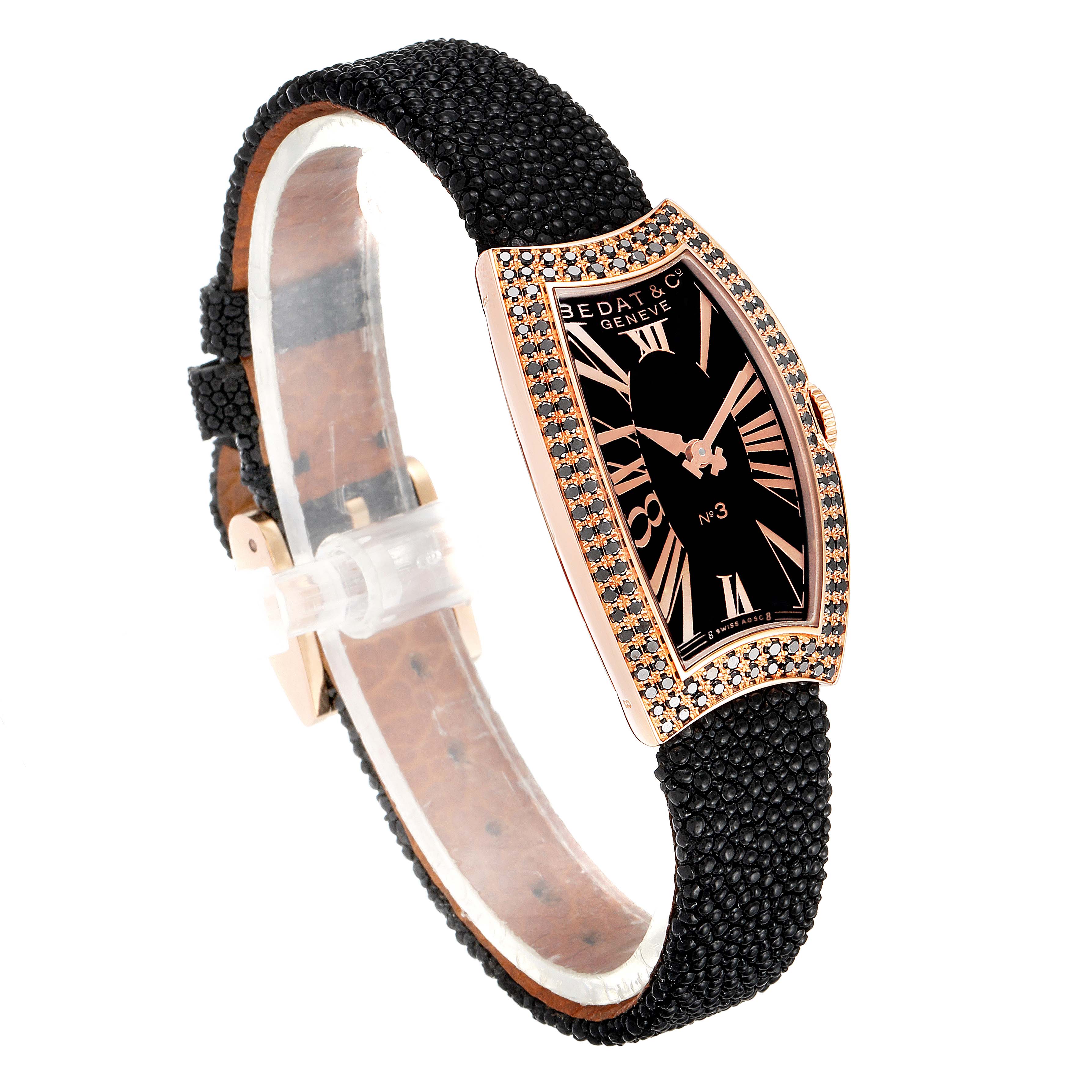 The image shows a side angle view of the Bedat 384.490.305 Women's Rose Gold Black Dial 384.490.305 Women's Rose Gold Black Dial No. 3 Rose Gold Black Diamonds Stingray Strap Ladies Watch model 384.490.305.