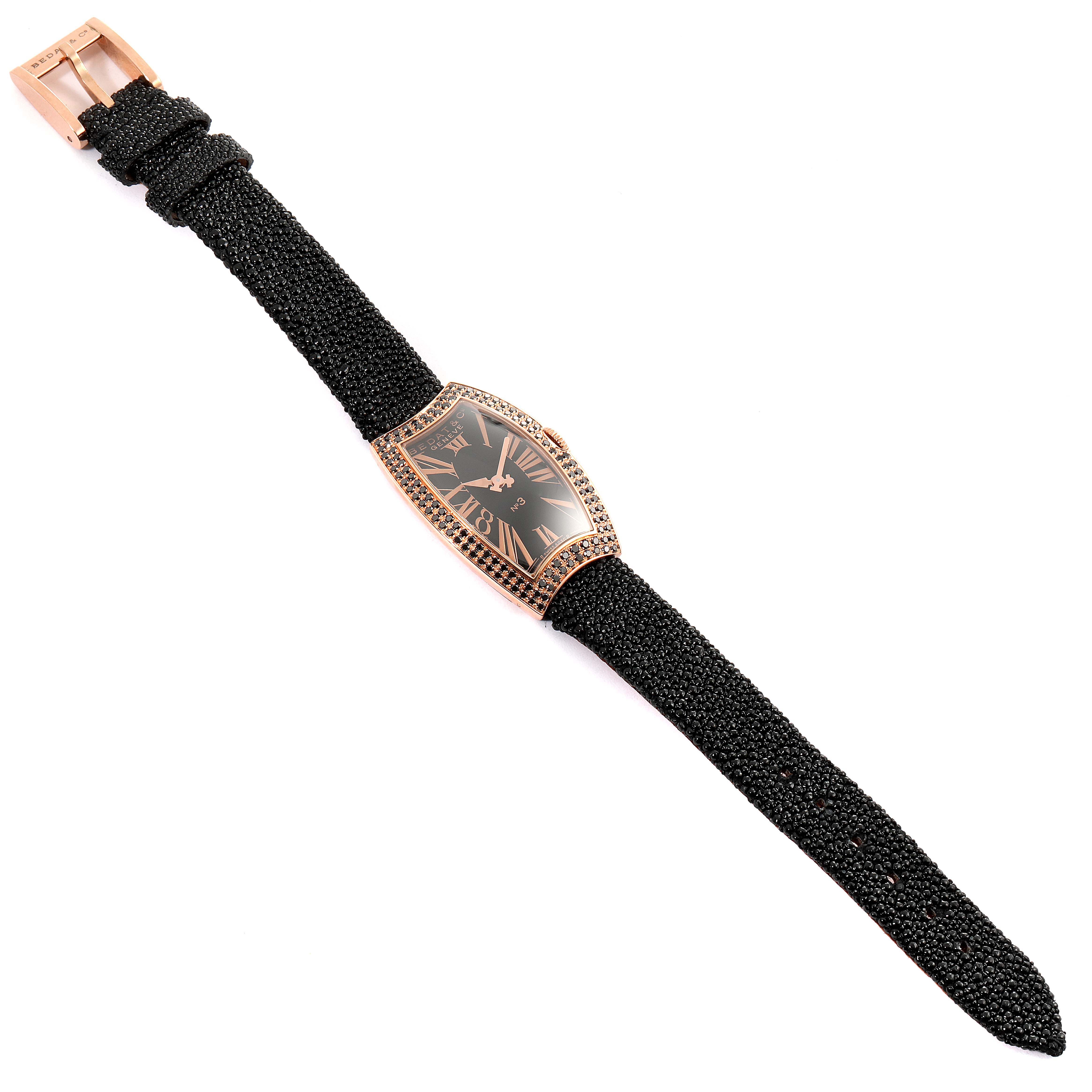This image shows a full view of the Bedat 384.490.305 Women's Rose Gold Black Dial 384.490.305 Women's Rose Gold Black Dial No. 3 Rose Gold Black Diamonds Stingray Strap Ladies Watch 384.490.305, displaying the face and strap.