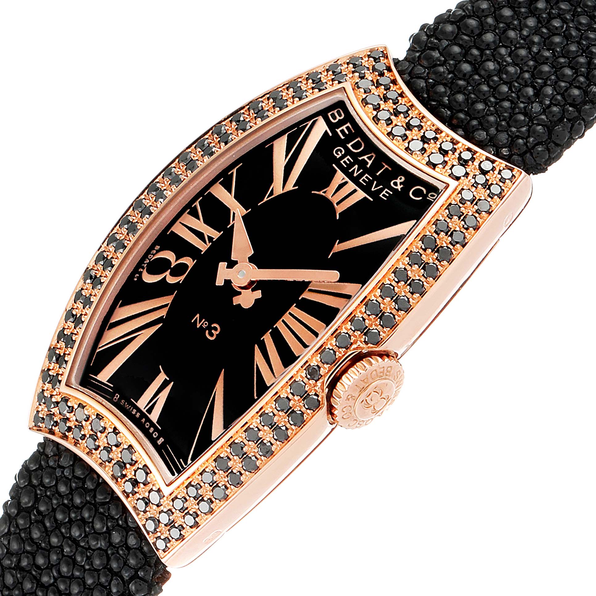 The image shows a close-up of the Bedat 384.490.305 Women's Rose Gold Black Dial 384.490.305 Women's Rose Gold Black Dial No. 3 Rose Gold Black Diamonds Stingray Strap Ladies Watch 384.490.305, highlighting the face, bezel, and strap.