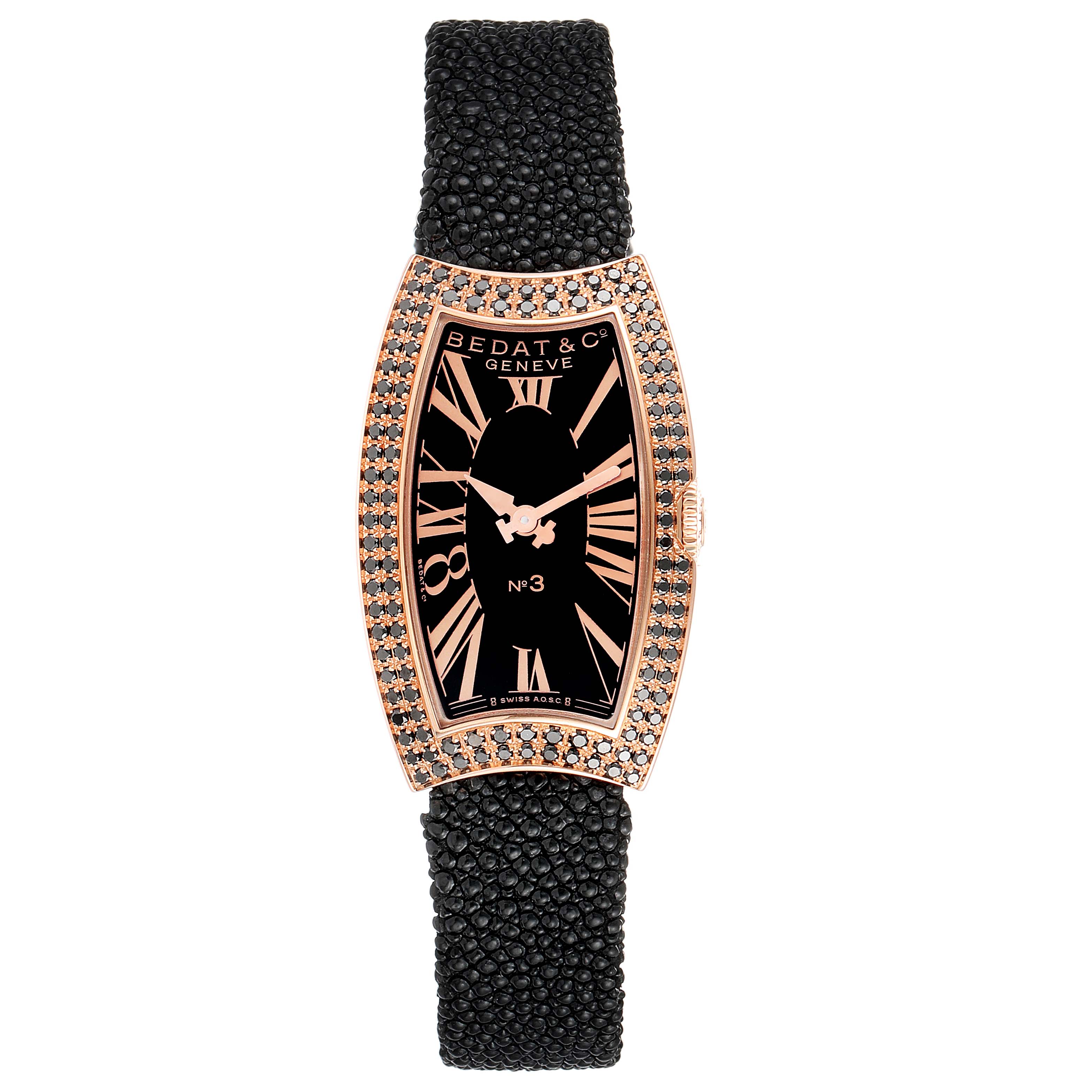 The image shows a front view of the Bedat 384.490.305 Women's Rose Gold Black Dial 384.490.305 Women's Rose Gold Black Dial No. 3 Rose Gold Black Diamonds Stingray Strap Ladies Watch model 384.490.305.