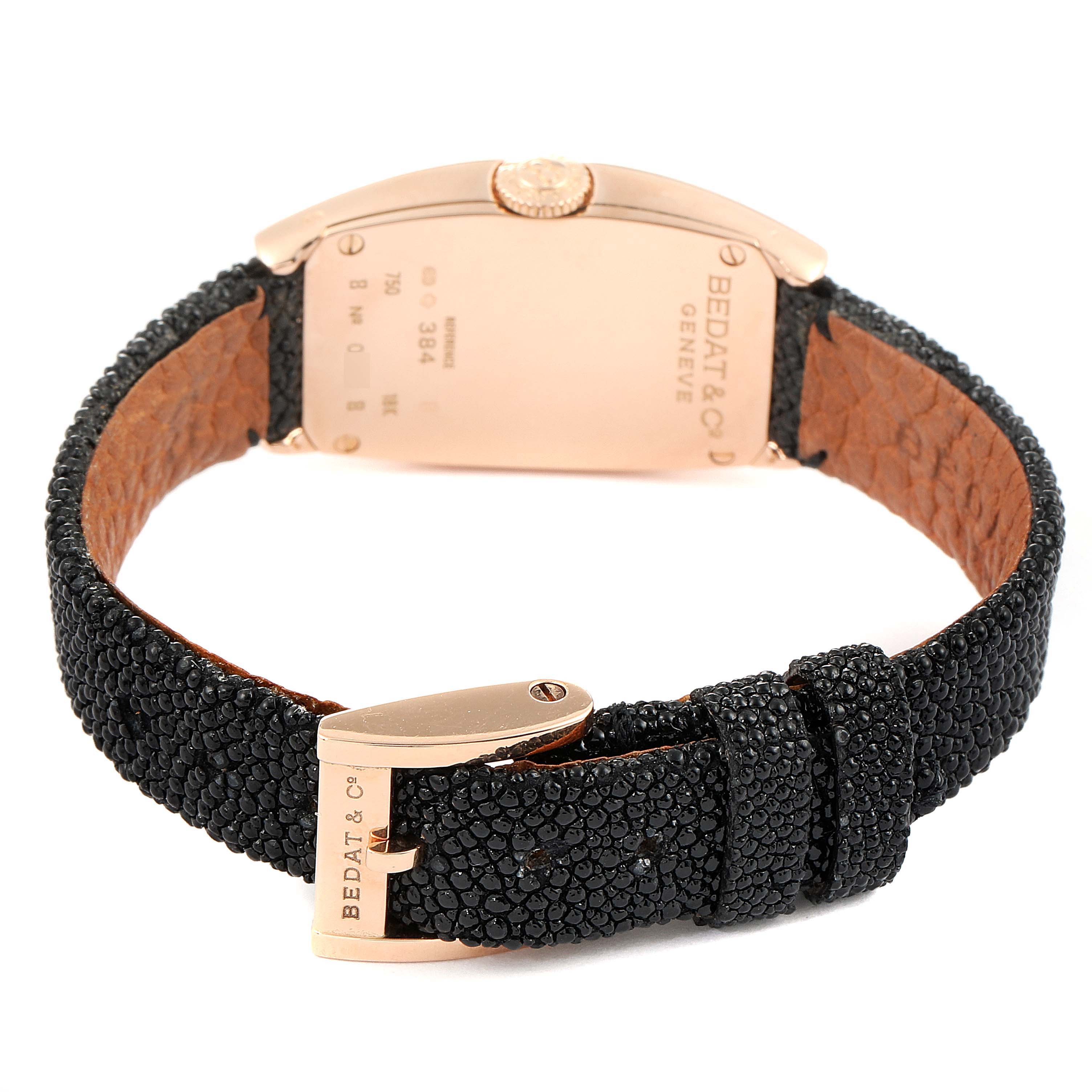 The image shows the back and strap of the Bedat 384.490.305 Women's Rose Gold Black Dial 384.490.305 Women's Rose Gold Black Dial No. 3 Rose Gold Black Diamonds Stingray Strap Ladies Watch 384.490.305 model.