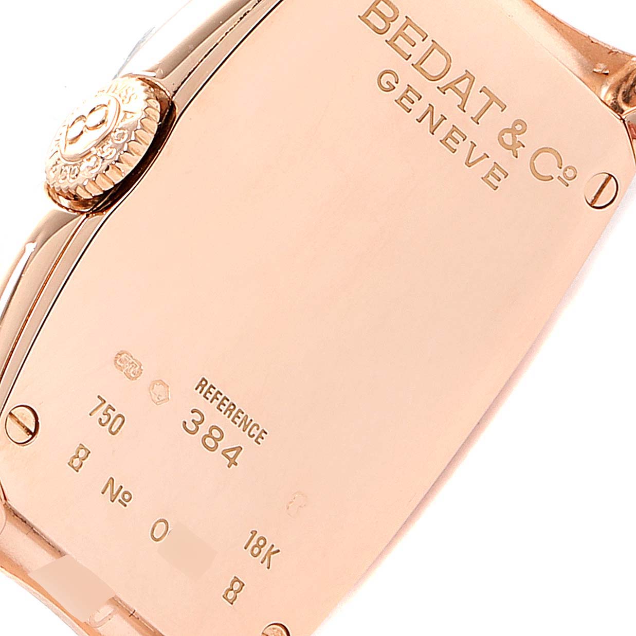 The image shows the back view of the Bedat 384.490.305 Women's Rose Gold Black Dial 384.490.305 Women's Rose Gold Black Dial No. 3 Rose Gold Black Diamonds Stingray Strap Ladies Watch model 384.490.305.