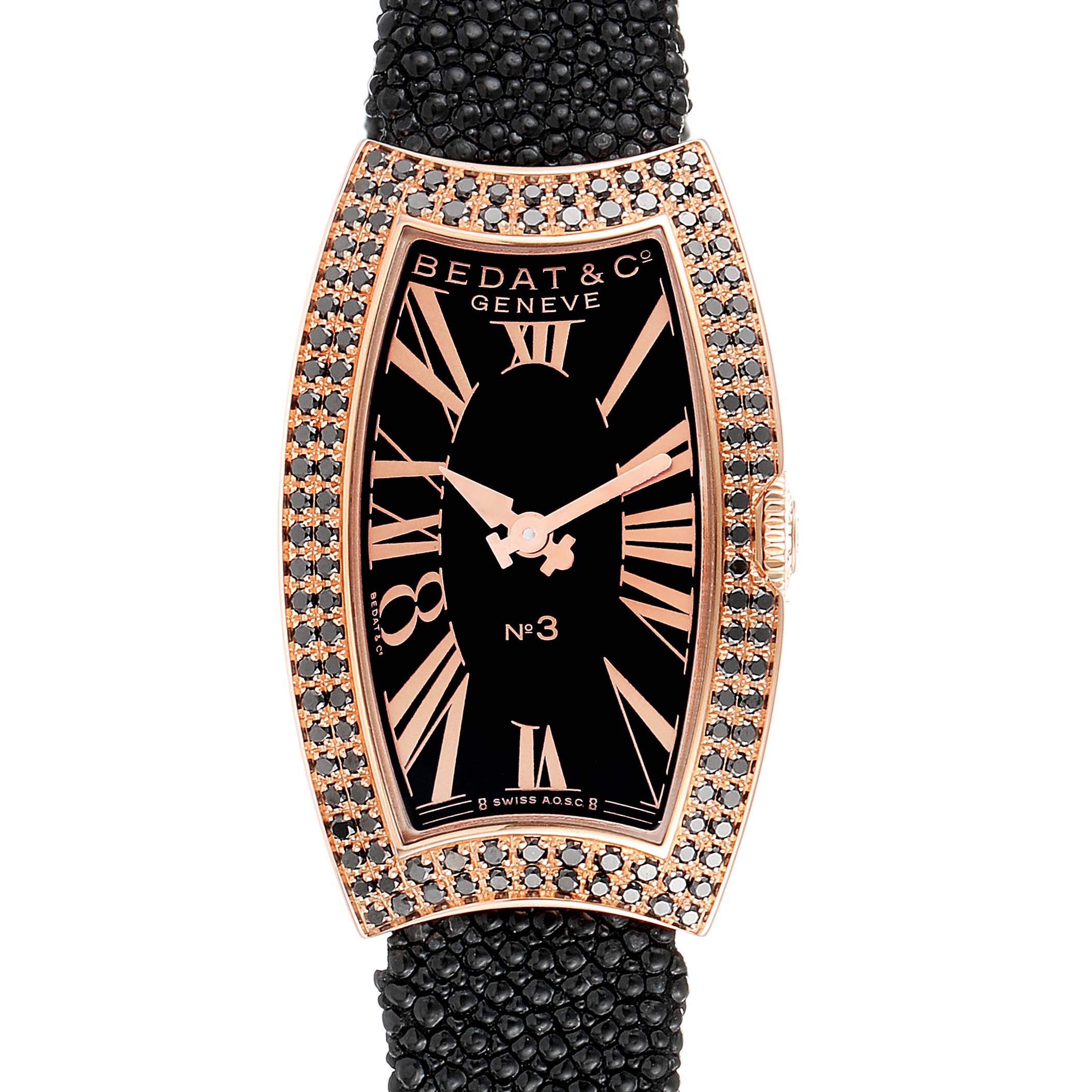 The image shows a front view of the Bedat 384.490.305 Women's Rose Gold Black Dial 384.490.305 Women's Rose Gold Black Dial No. 3 Rose Gold Black Diamonds Stingray Strap Ladies Watch 384.490.305.