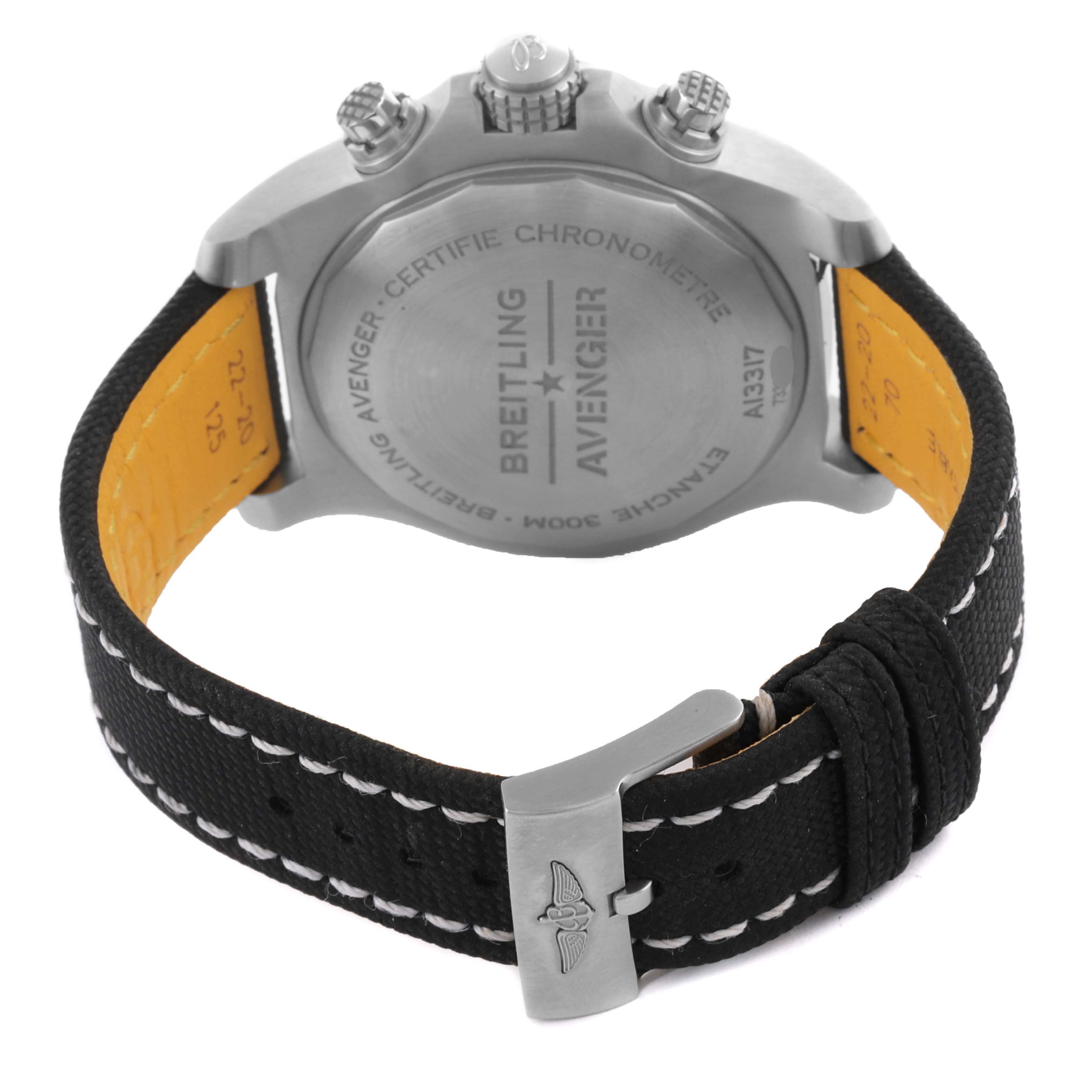 The image shows the back case and strap of a Breitling Avenger A13317 Men's Stainless Steel Black Dial A13317 Men's Stainless Steel Black Dial watch from a rear angle.