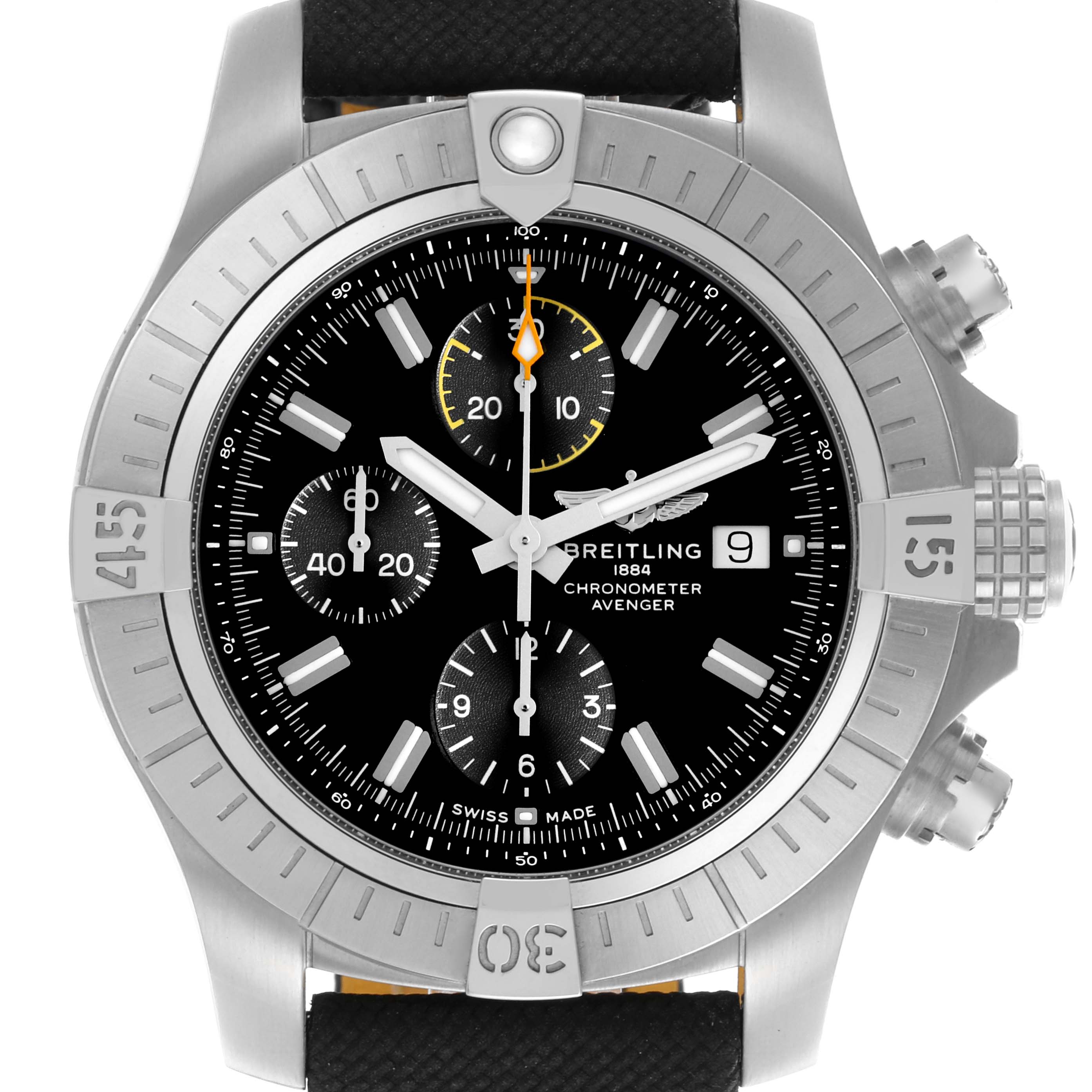 The Breitling Avenger A13317 Men's Stainless Steel Black Dial A13317 Men's Stainless Steel Black Dial watch is shown from the front, displaying the bezel, chronograph dials, and crown.