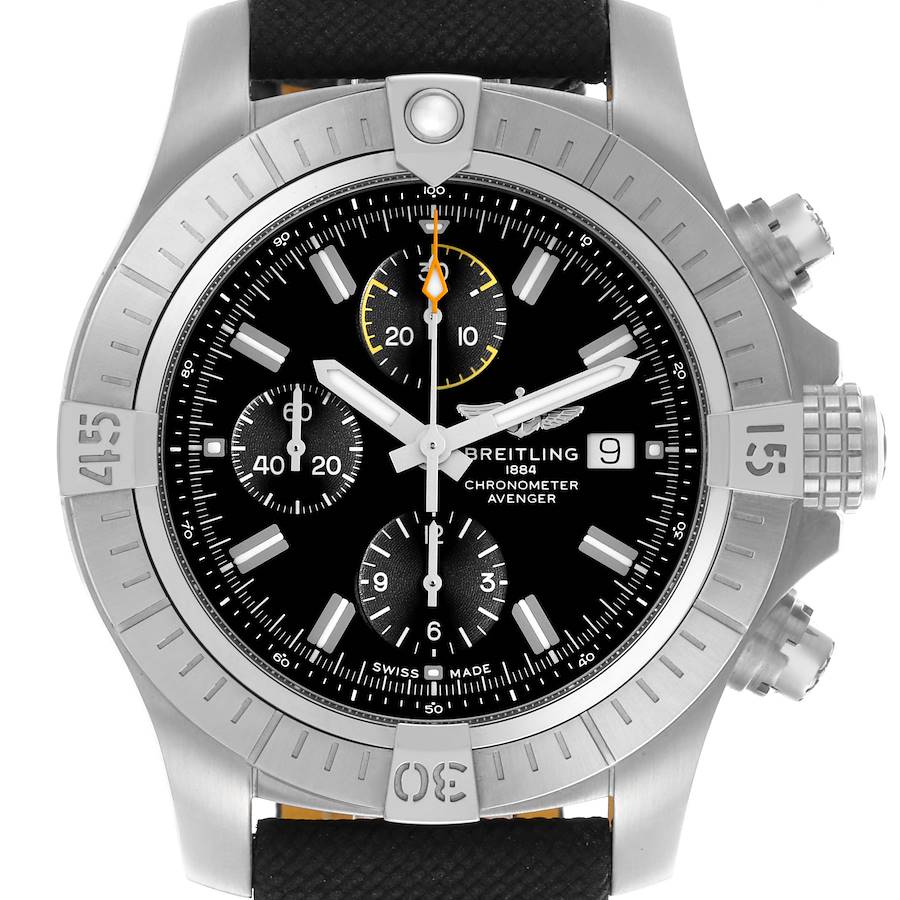 The Breitling Avenger watch is shown from the front, displaying the bezel, chronograph dials, and crown.