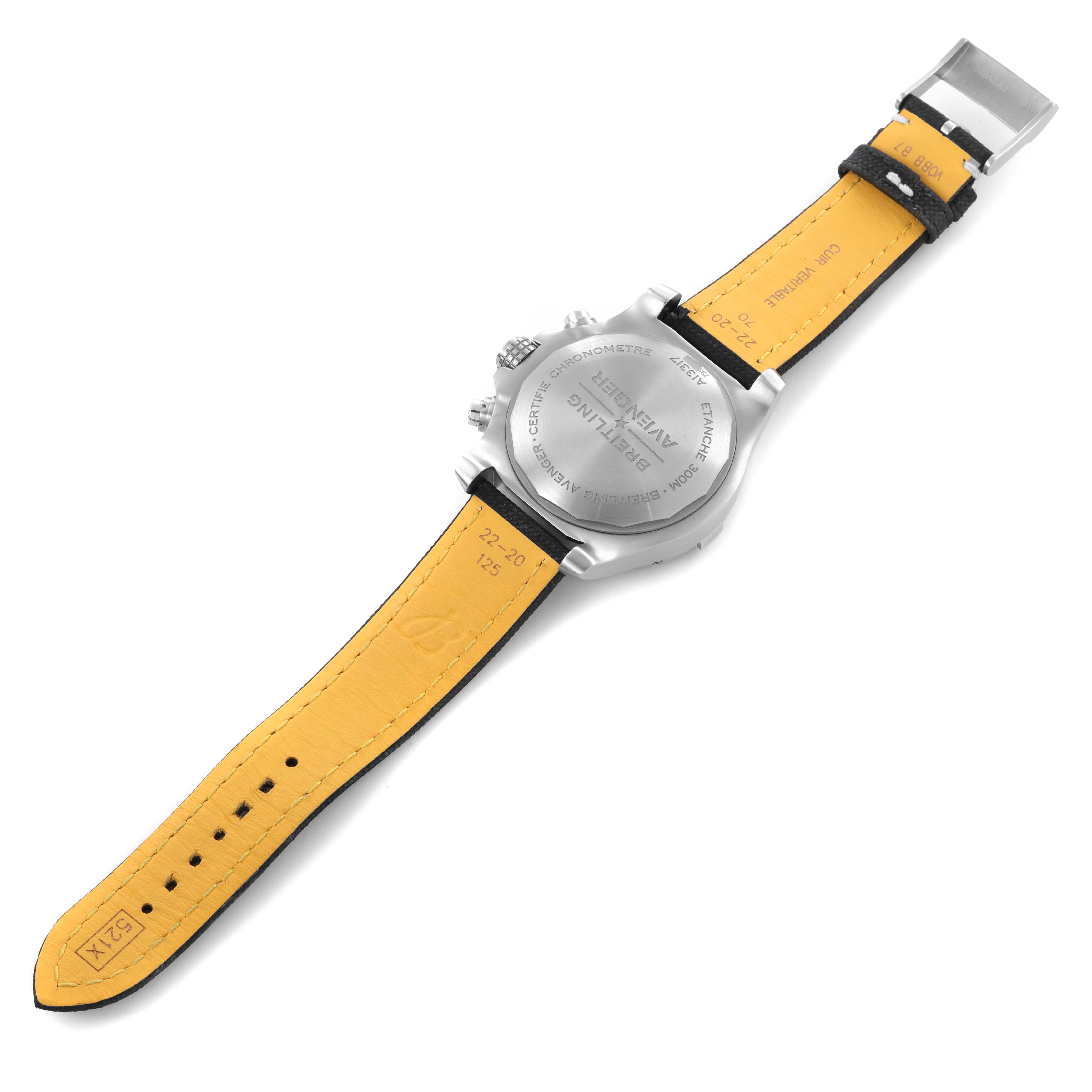 The image shows the back of the Breitling Avenger A13317 Men's Stainless Steel Black Dial A13317 Men's Stainless Steel Black Dial watch with the strap fully extended.