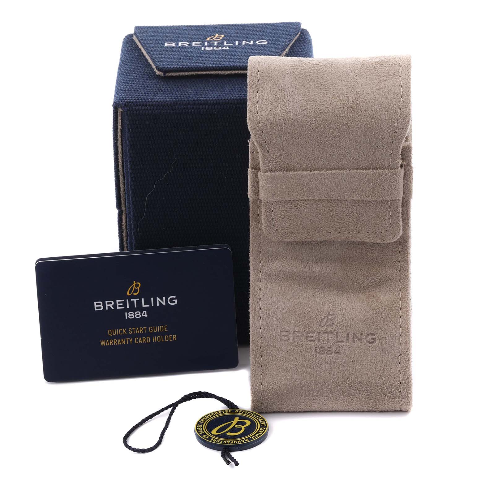 The image shows Breitling Avenger A13317 Men's Stainless Steel Black Dial A13317 Men's Stainless Steel Black Dial packaging with a box, pouch, warranty card holder, and tag.