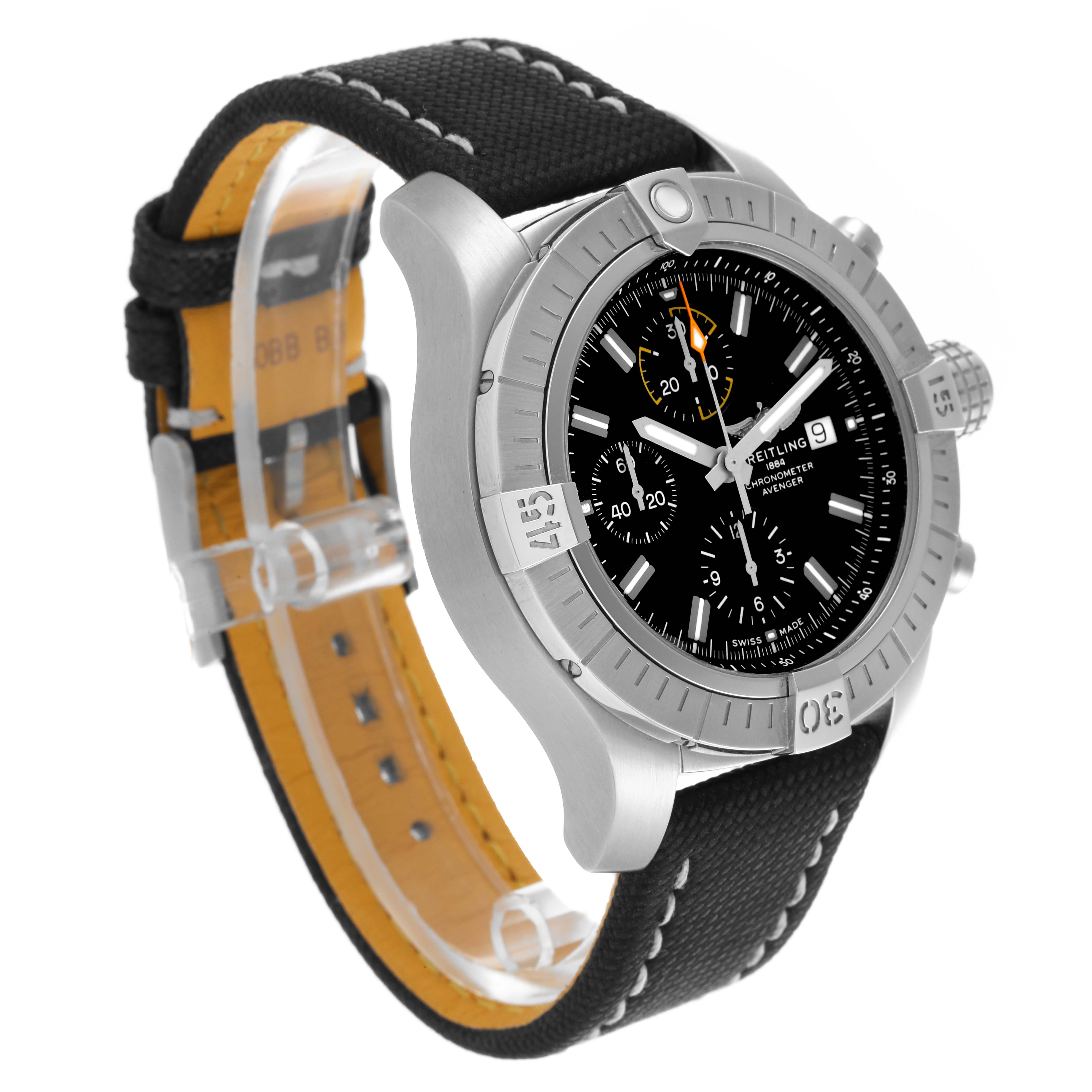 The Breitling Avenger A13317 Men's Stainless Steel Black Dial A13317 Men's Stainless Steel Black Dial watch is shown at a three-quarter angle highlighting the bezel, dial, and strap.