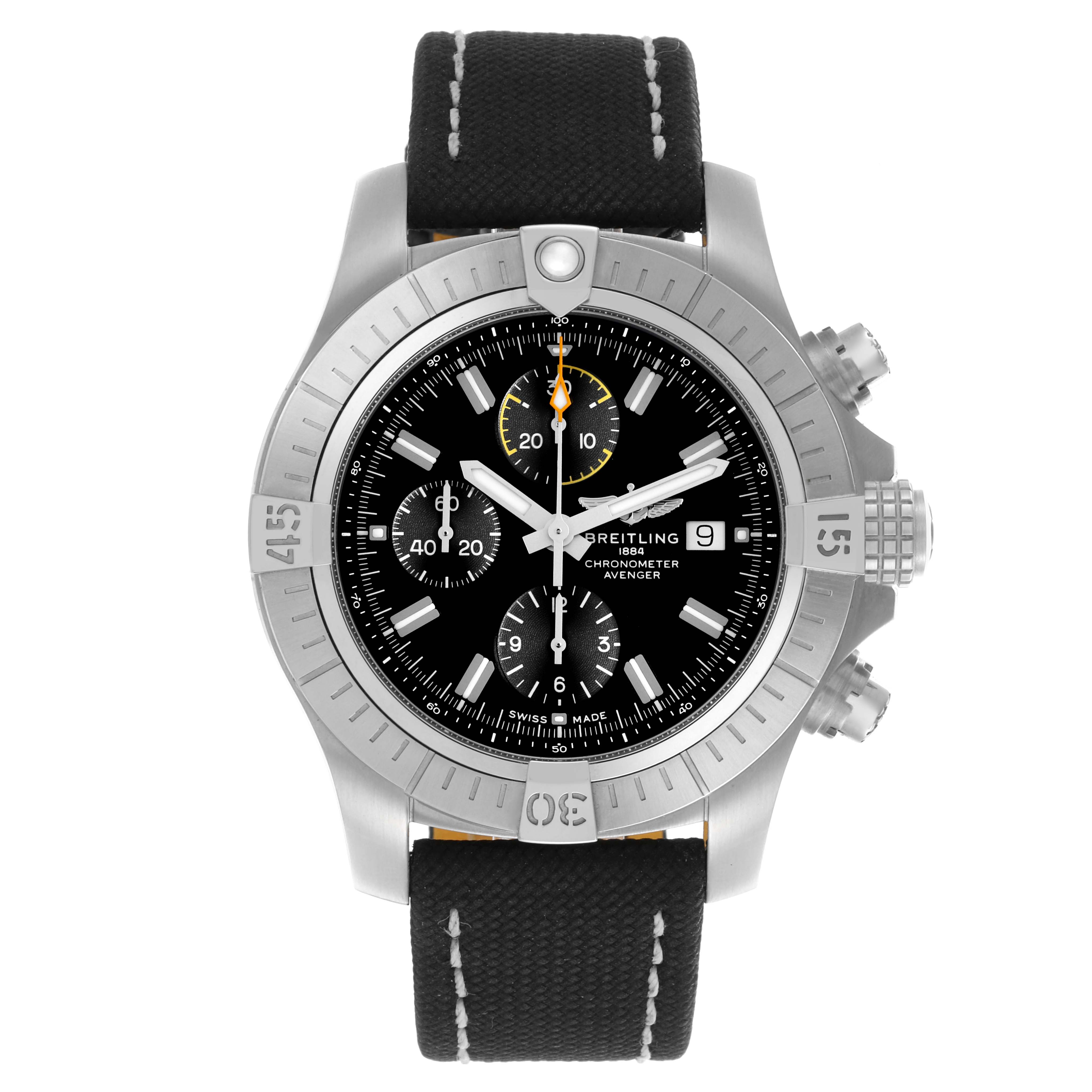 The Breitling Avenger A13317 Men's Stainless Steel Black Dial A13317 Men's Stainless Steel Black Dial watch is shown from the front, highlighting the bezel, dial, chronograph sub-dials, and strap.