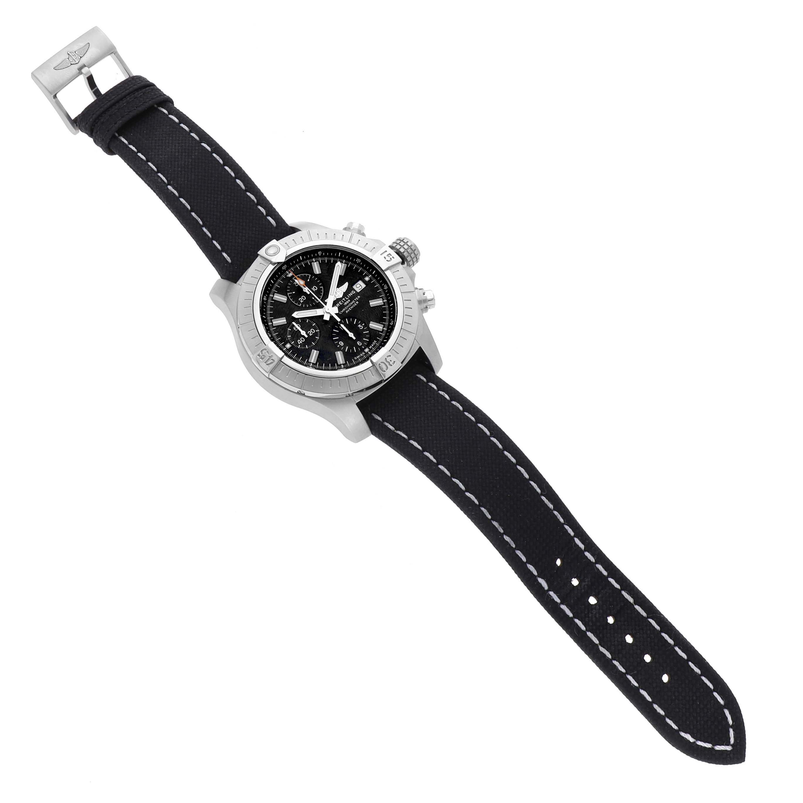 The Breitling Avenger A13317 Men's Stainless Steel Black Dial A13317 Men's Stainless Steel Black Dial watch is shown from an angled top view, highlighting the face, bezel, strap, and buckle.