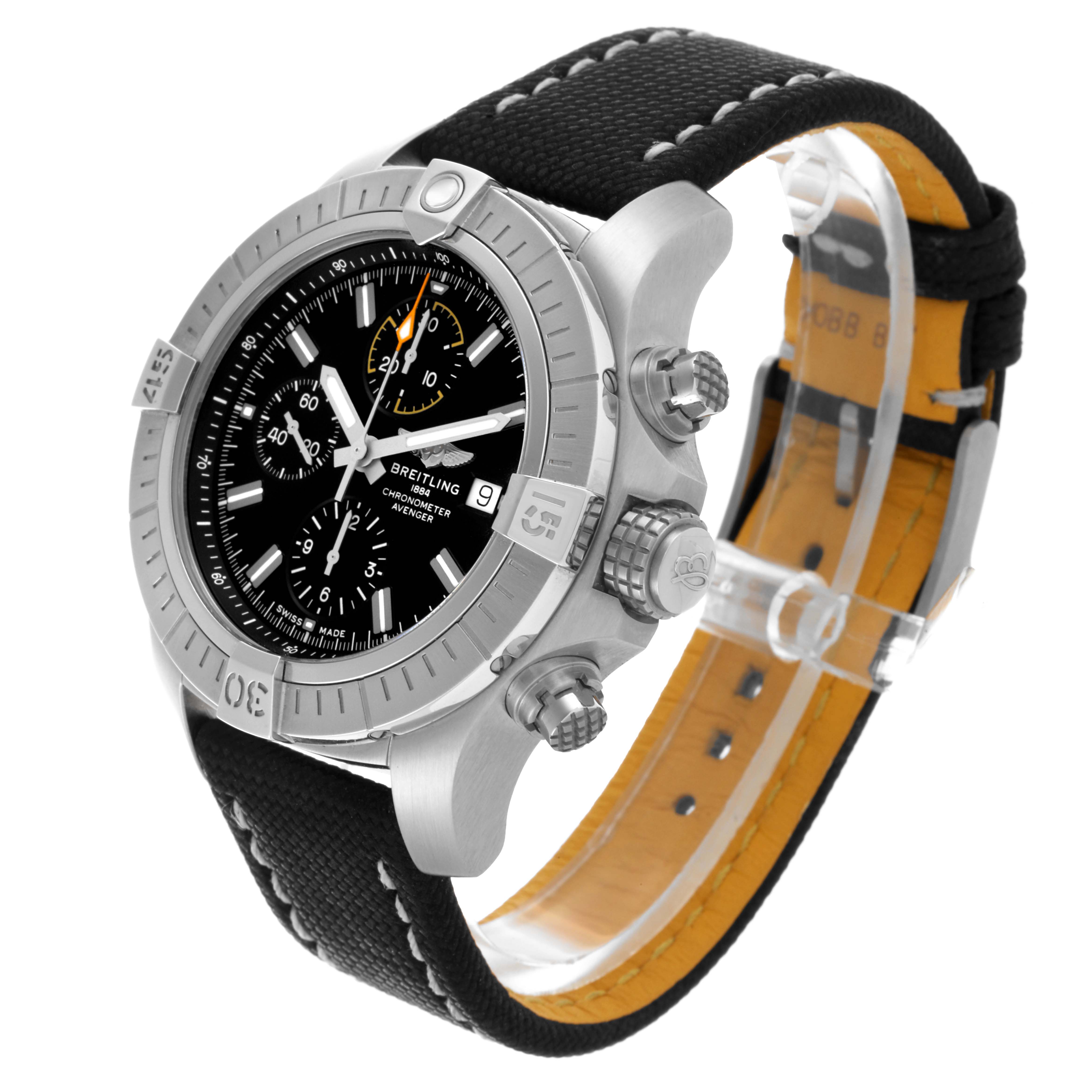 The Breitling Avenger A13317 Men's Stainless Steel Black Dial A13317 Men's Stainless Steel Black Dial watch is shown at a three-quarter angle, displaying the case, bezel, dial, crown, pushers, and strap.