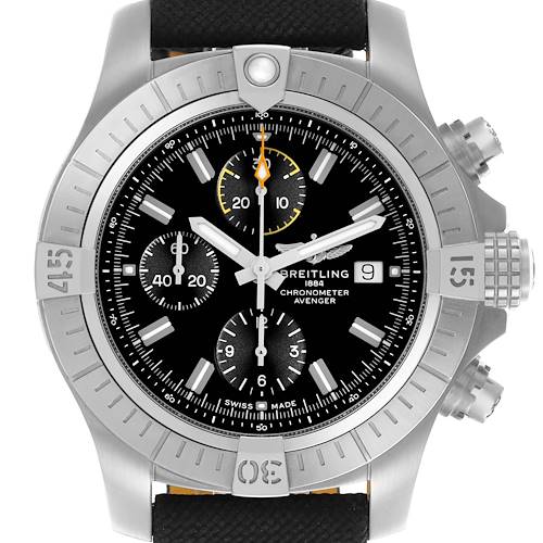 The Breitling Avenger watch is shown from the front, displaying the case, bezel, crown, dial, and chronograph subdials.