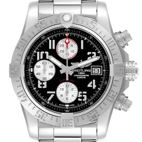 The Breitling Avenger watch is shown from the front, displaying its dial, bezel, and bracelet in detail.