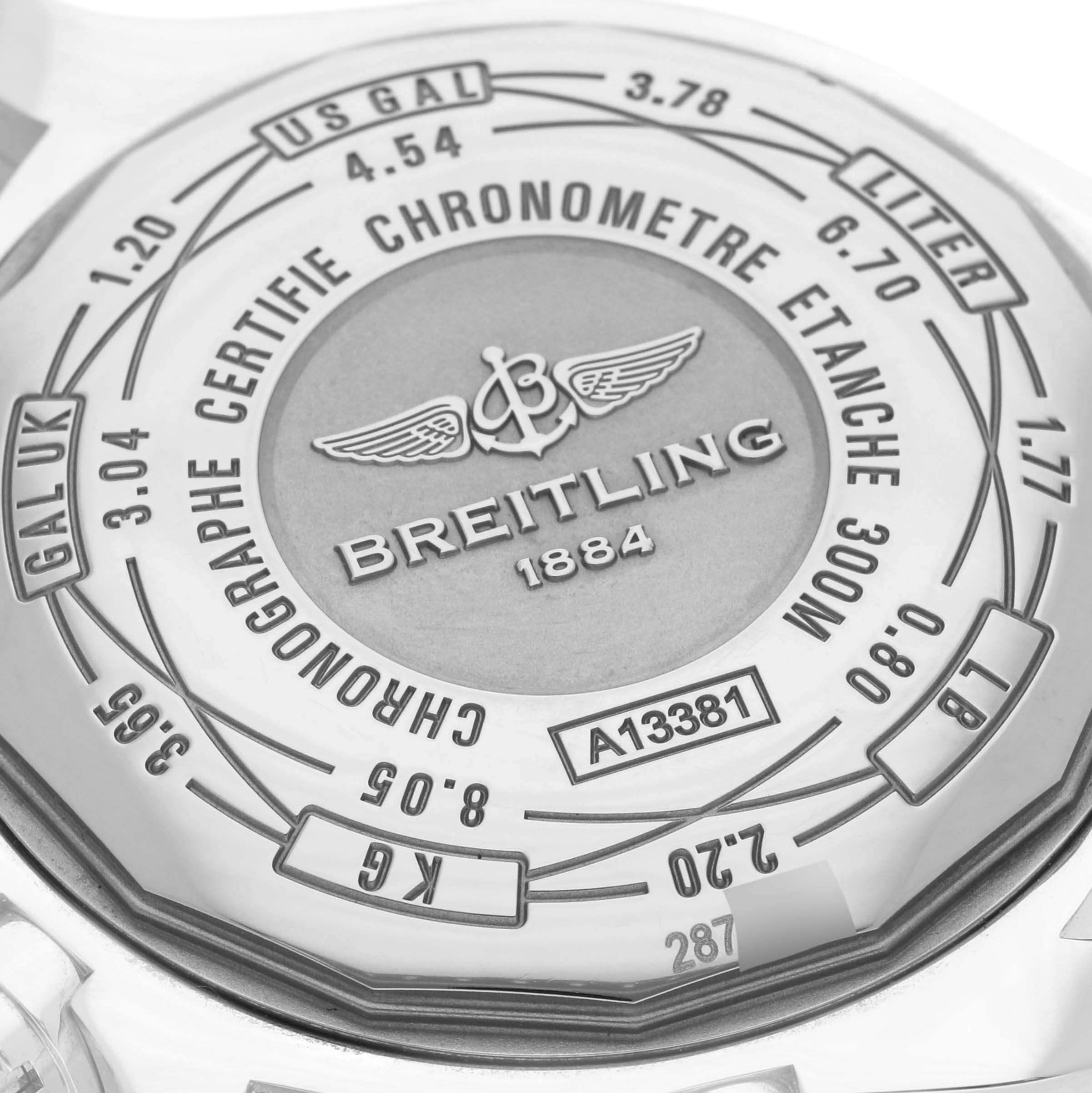 The image shows the back of the Breitling Avenger A13381 Men's Stainless Steel Black Dial A13381 Men's Stainless Steel Black Dial watch, highlighting its engravings and specifications.