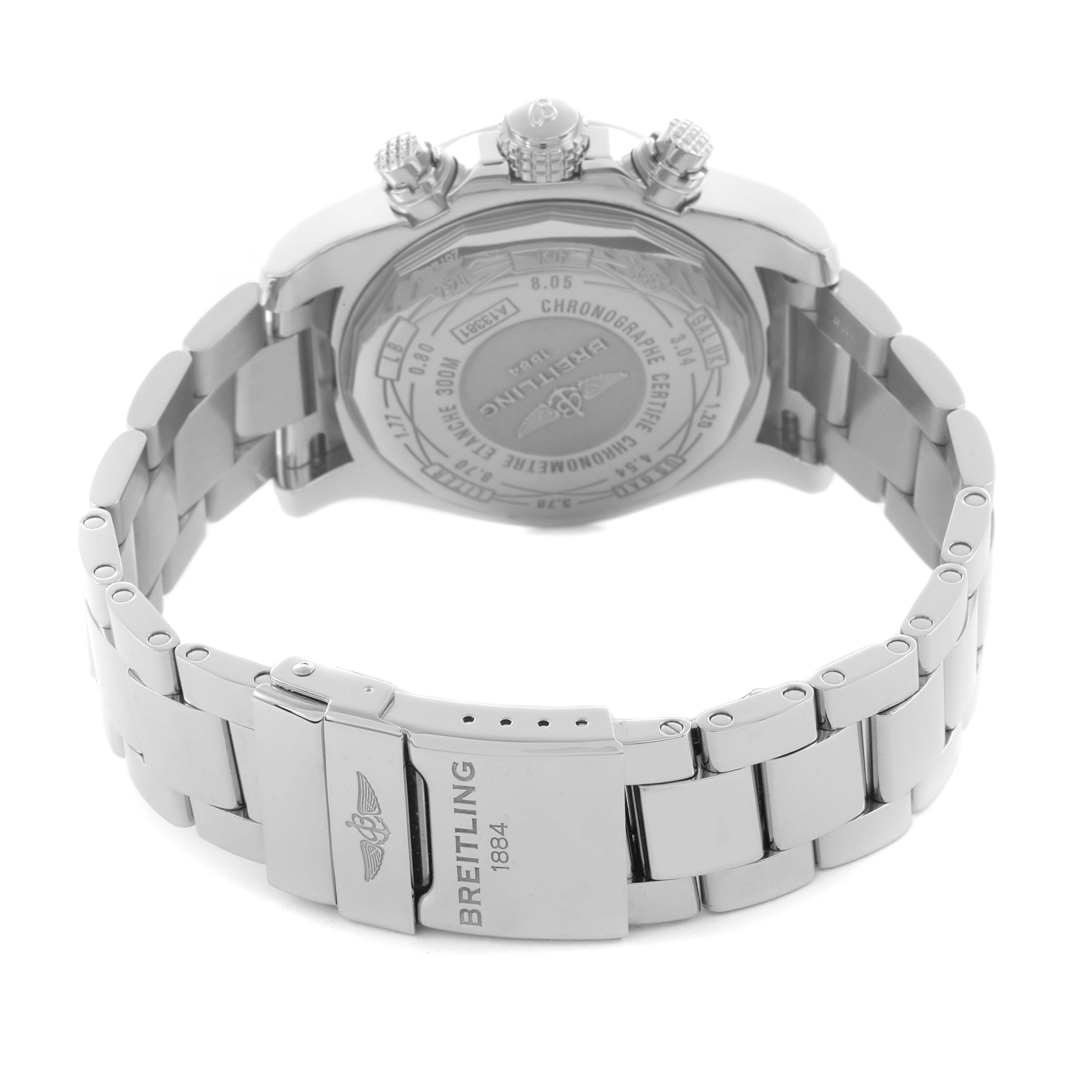 The image shows the back and clasp of the Breitling Avenger A13381 Men's Stainless Steel Black Dial A13381 Men's Stainless Steel Black Dial watch, highlighting its stainless steel bracelet and engraved details.