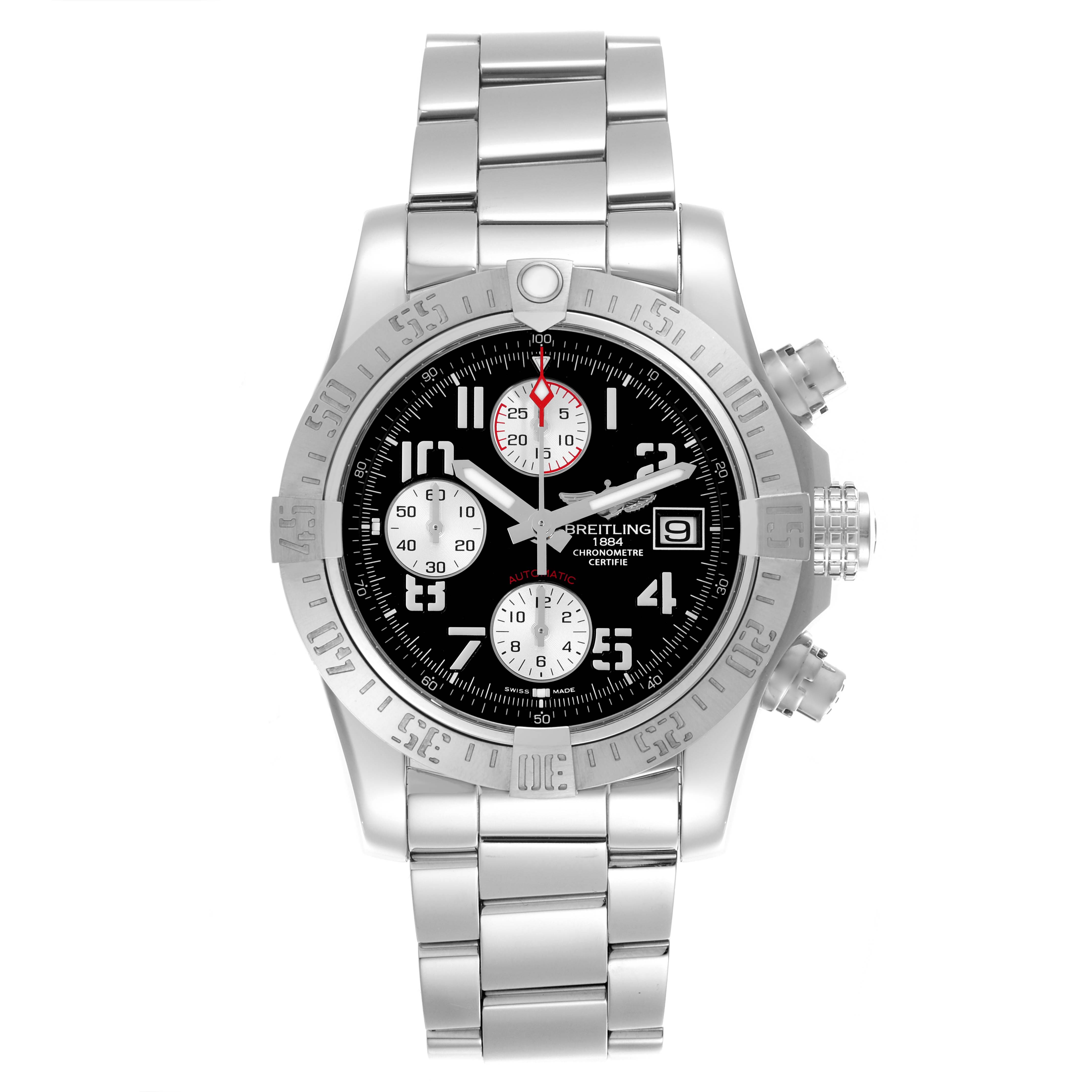 The watch shows a front view of a Breitling Avenger A13381 Men's Stainless Steel Black Dial A13381 Men's Stainless Steel Black Dial model, highlighting the dial, bezel, and metal bracelet.