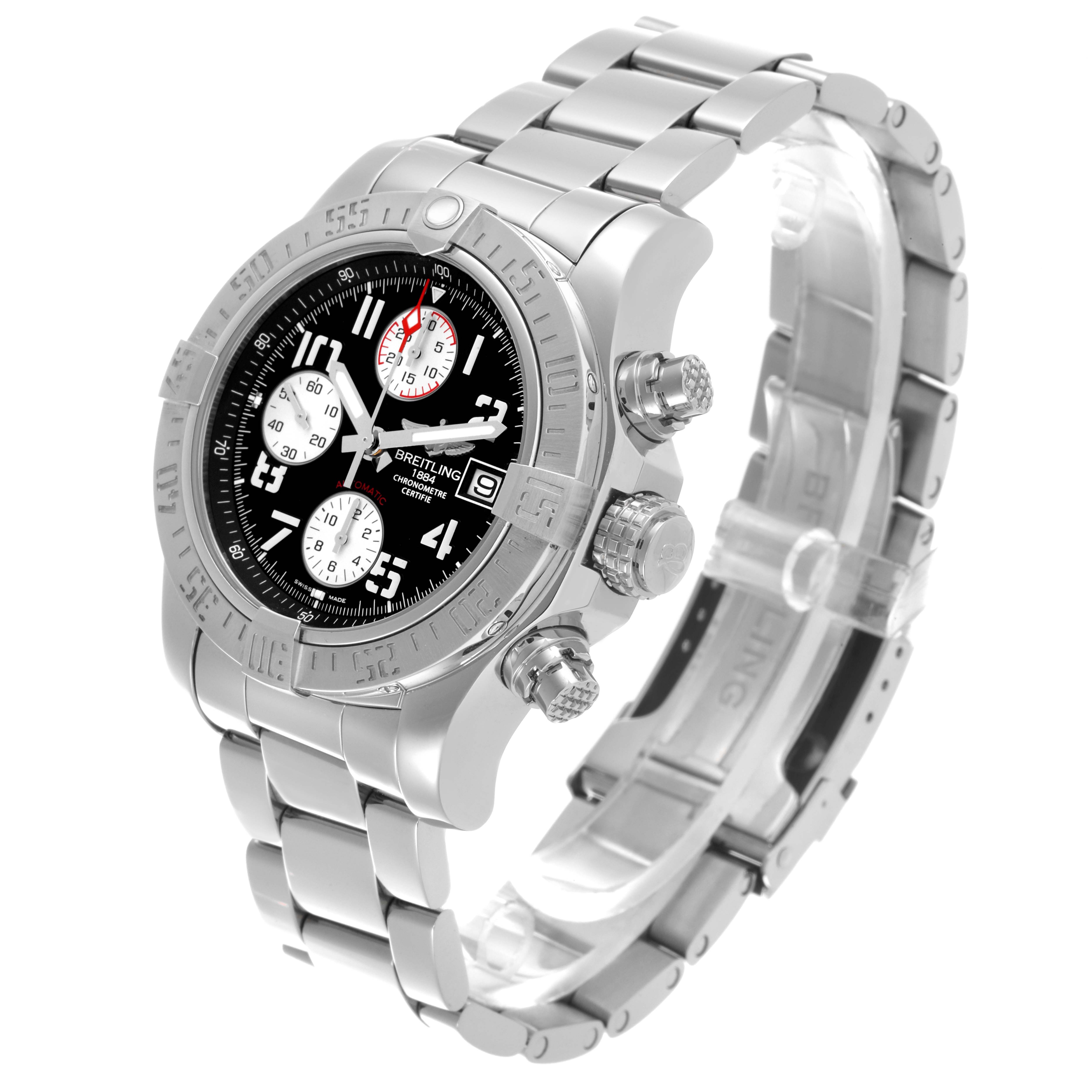 The Breitling Avenger A13381 Men's Stainless Steel Black Dial A13381 Men's Stainless Steel Black Dial watch is shown at a three-quarter angle, highlighting the bezel, dial, crown, and bracelet.