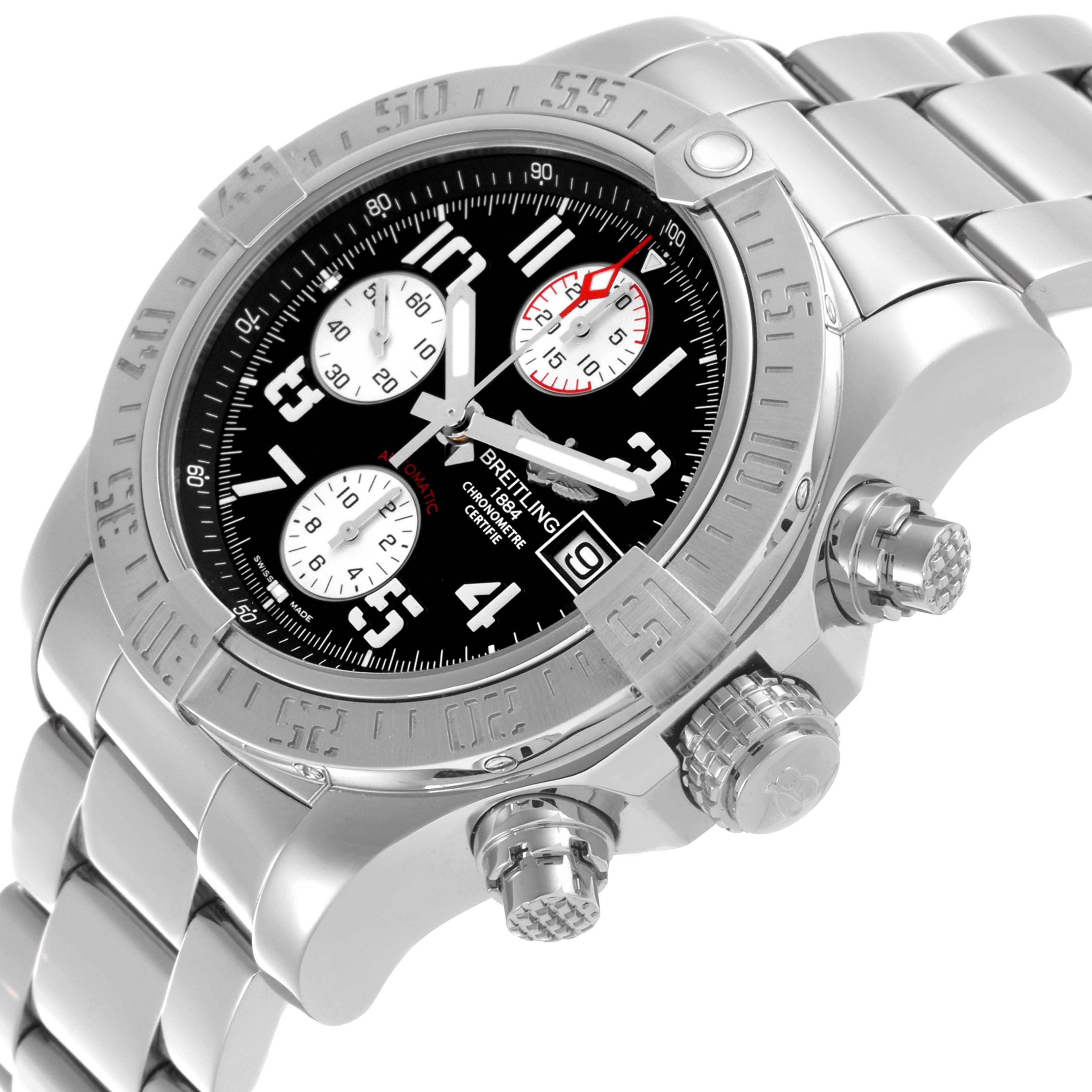 The Breitling Avenger A13381 Men's Stainless Steel Black Dial A13381 Men's Stainless Steel Black Dial watch is shown at an angle highlighting the bezel, dial, crown, chronograph pushers, and metal bracelet.