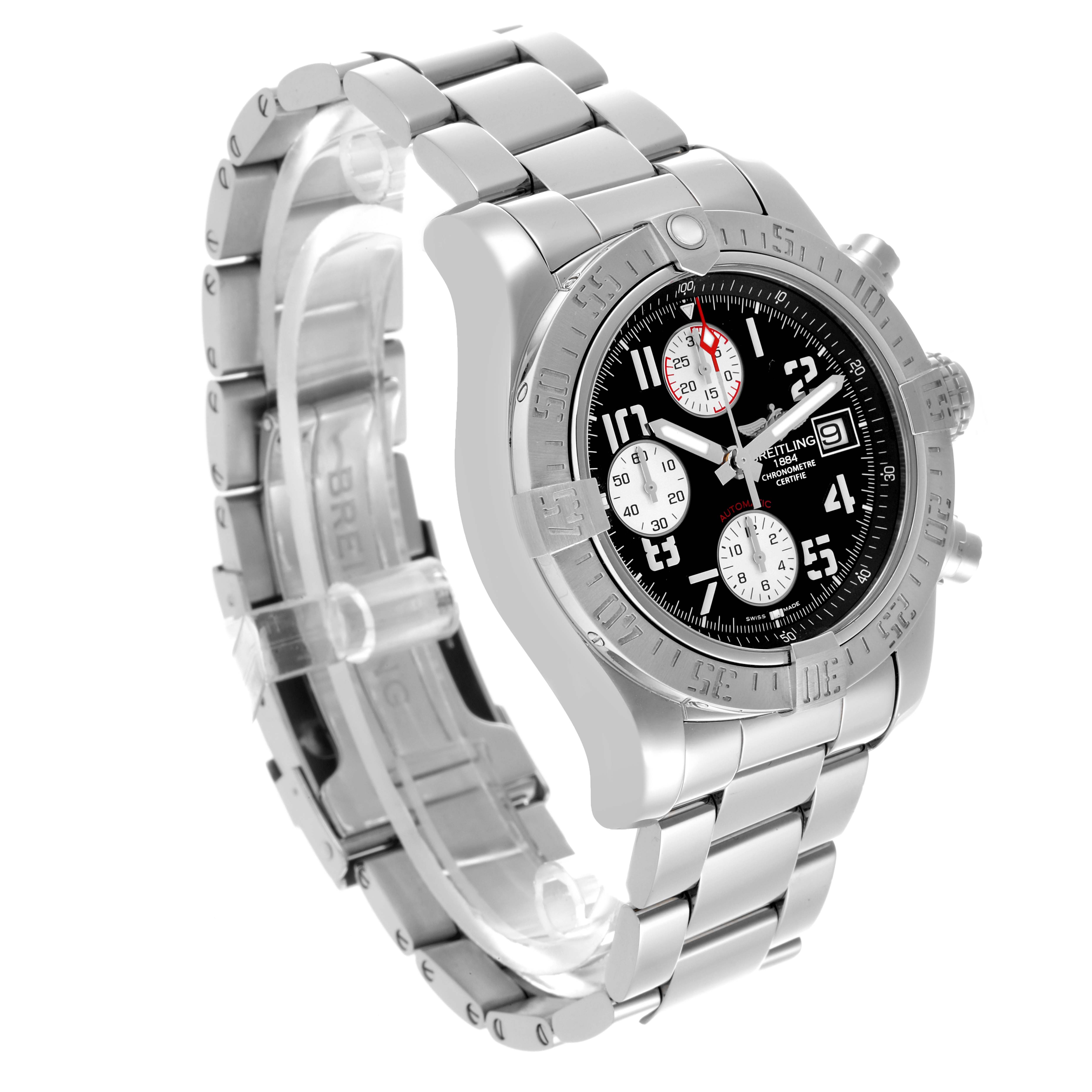 The Breitling Avenger A13381 Men's Stainless Steel Black Dial A13381 Men's Stainless Steel Black Dial watch is shown at a three-quarter angle, displaying the face, bezel, bracelet, and side buttons.