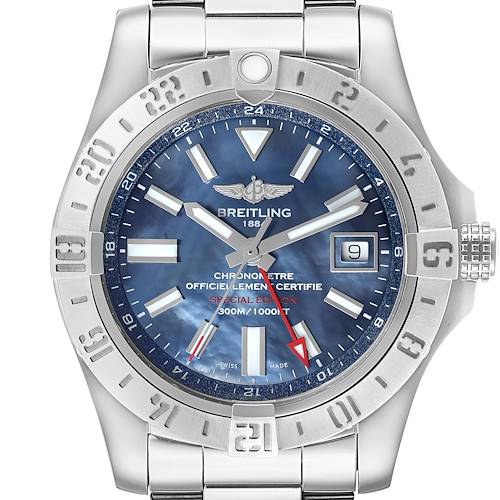 The Breitling Avenger A3239011/C930 Men's Stainless Steel Mother of Pearl Dial watch is shown from a front angle, displaying its blue dial, bezel, hands, bracelet, and date window.