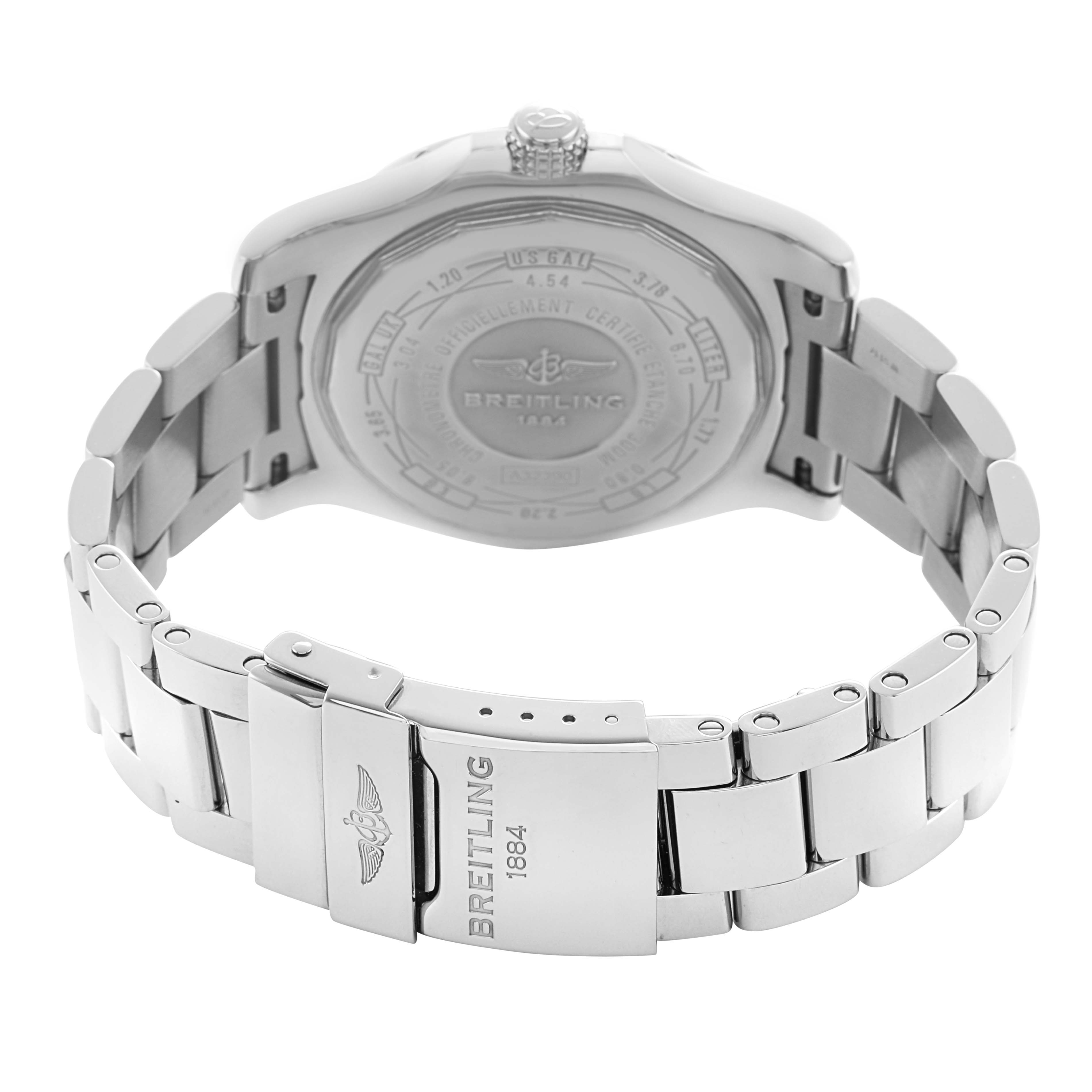 The image shows the back case and bracelet clasp of a Breitling Avenger A3239011/C930 Men's Stainless Steel Mother of Pearl Dial watch at an angle revealing the engraved logo and details.
