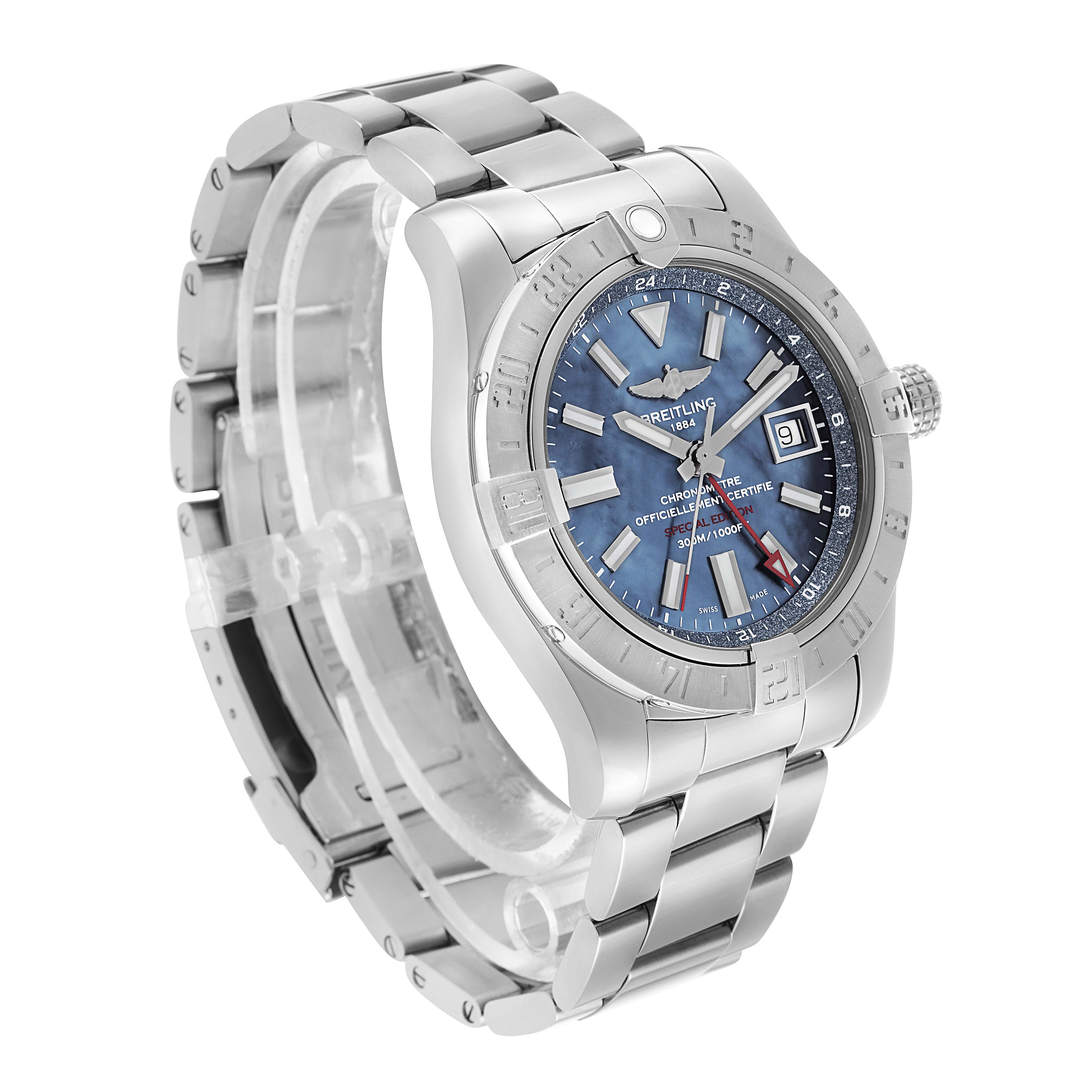 The Breitling Avenger A3239011/C930 Men's Stainless Steel Mother of Pearl Dial watch is shown at a three-quarter angle, displaying the face, bezel, crown, and stainless steel bracelet.